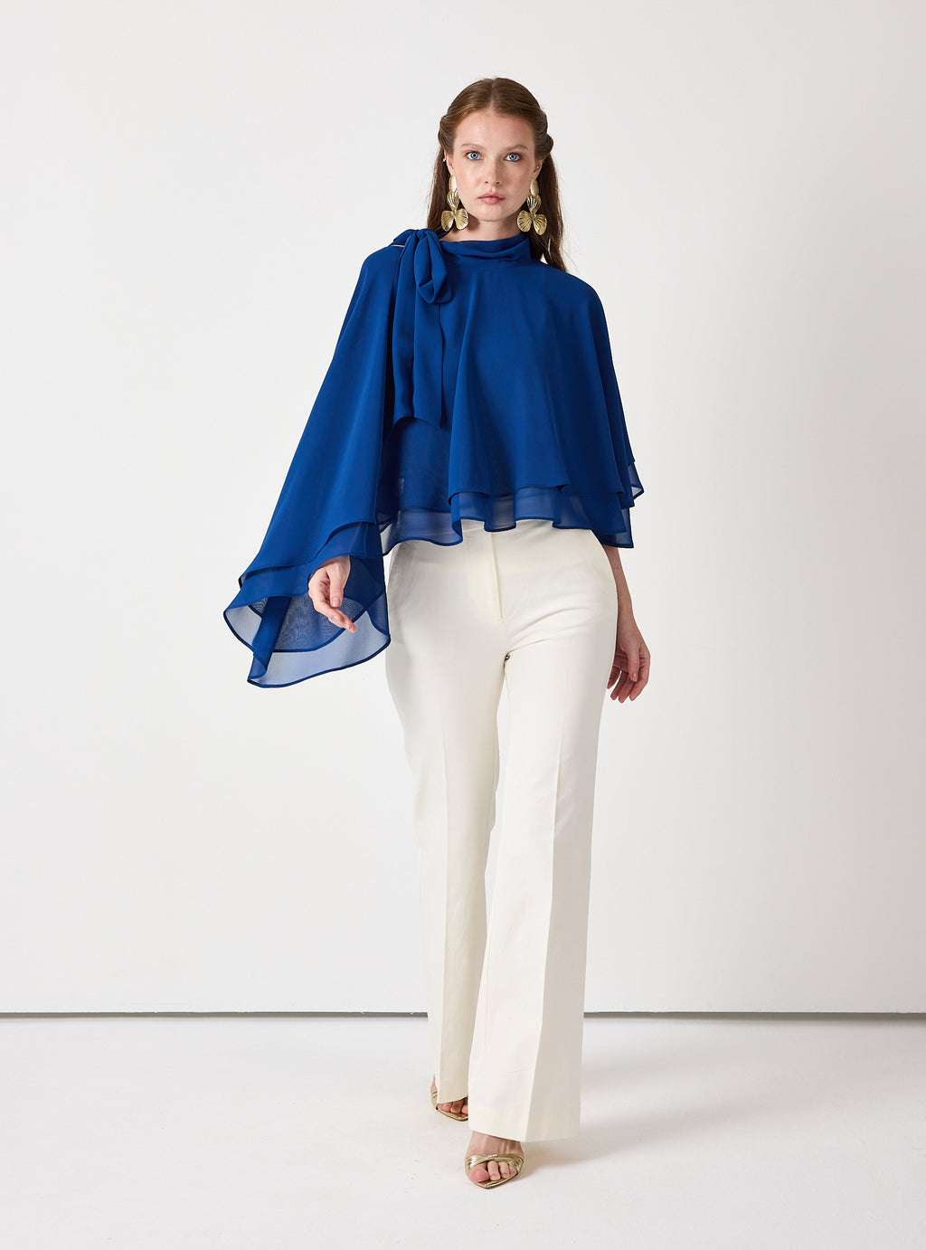 Sky Blue Chiffon Skirt Set with Layered Cape Top