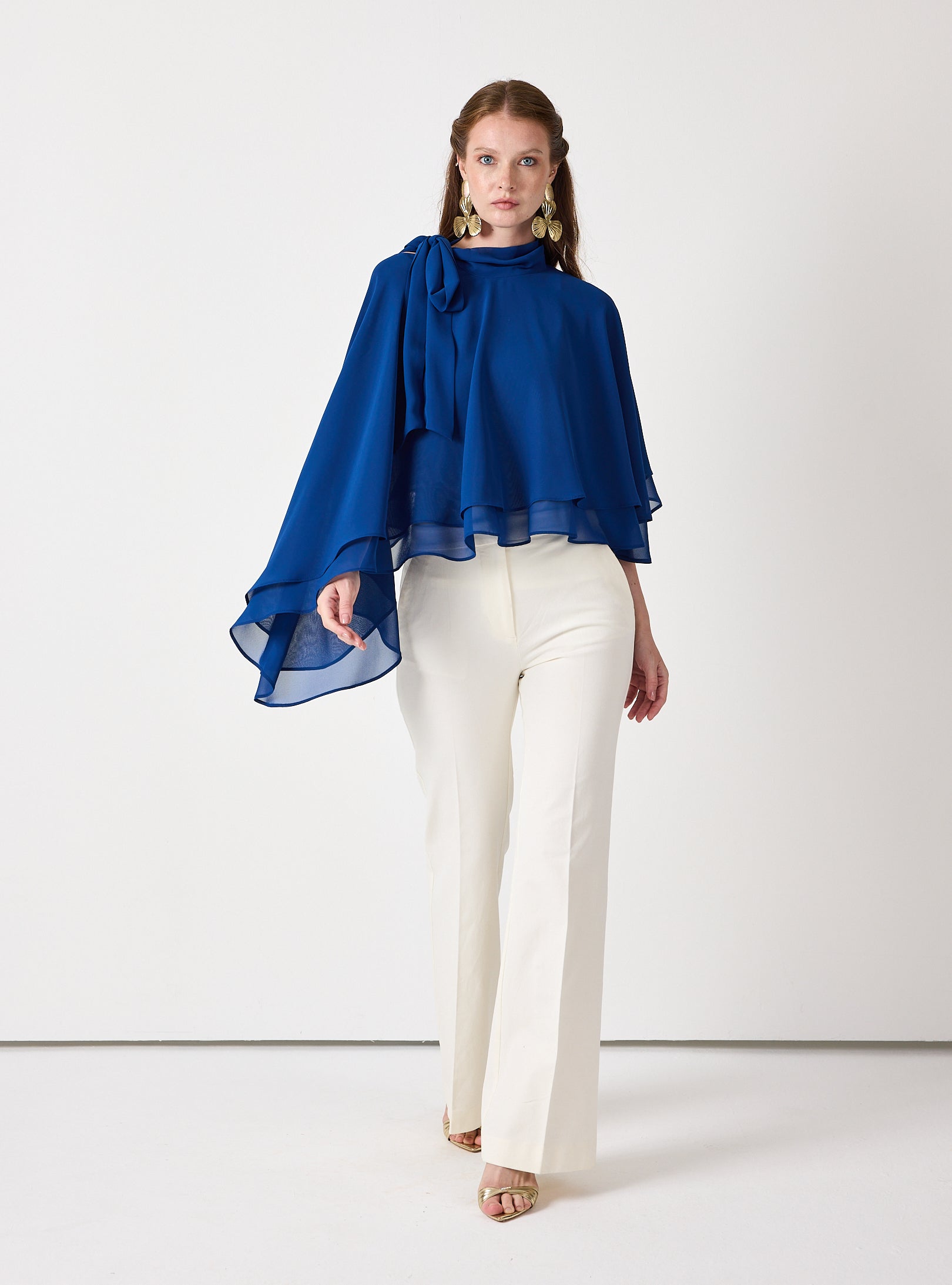 Sky Blue Chiffon Skirt Set with Layered Cape Top