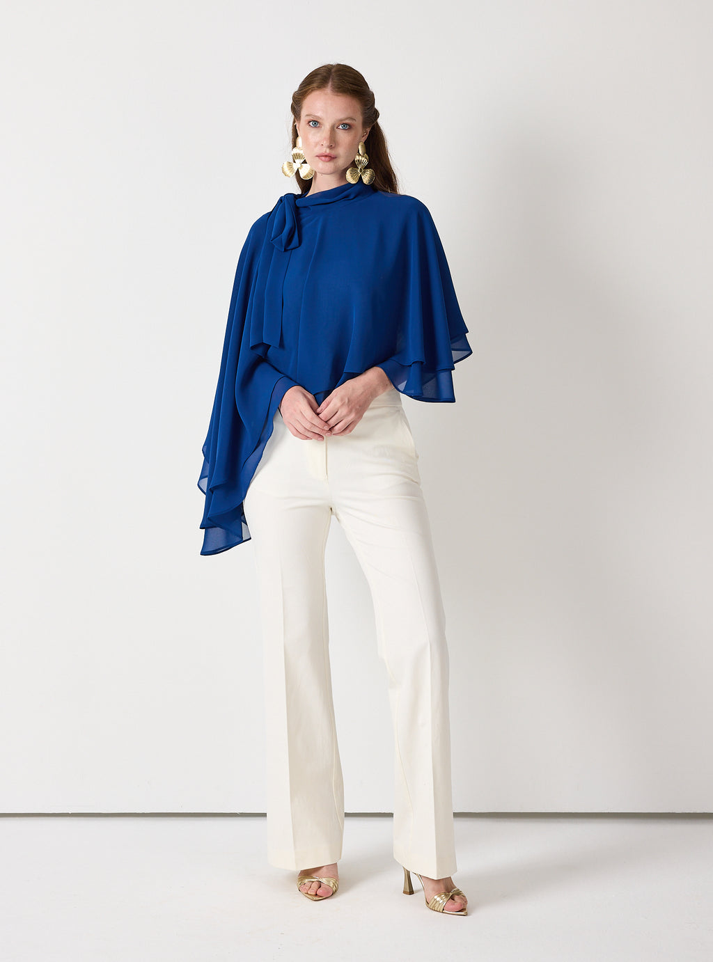 Sky Blue Chiffon Skirt Set with Layered Cape Top