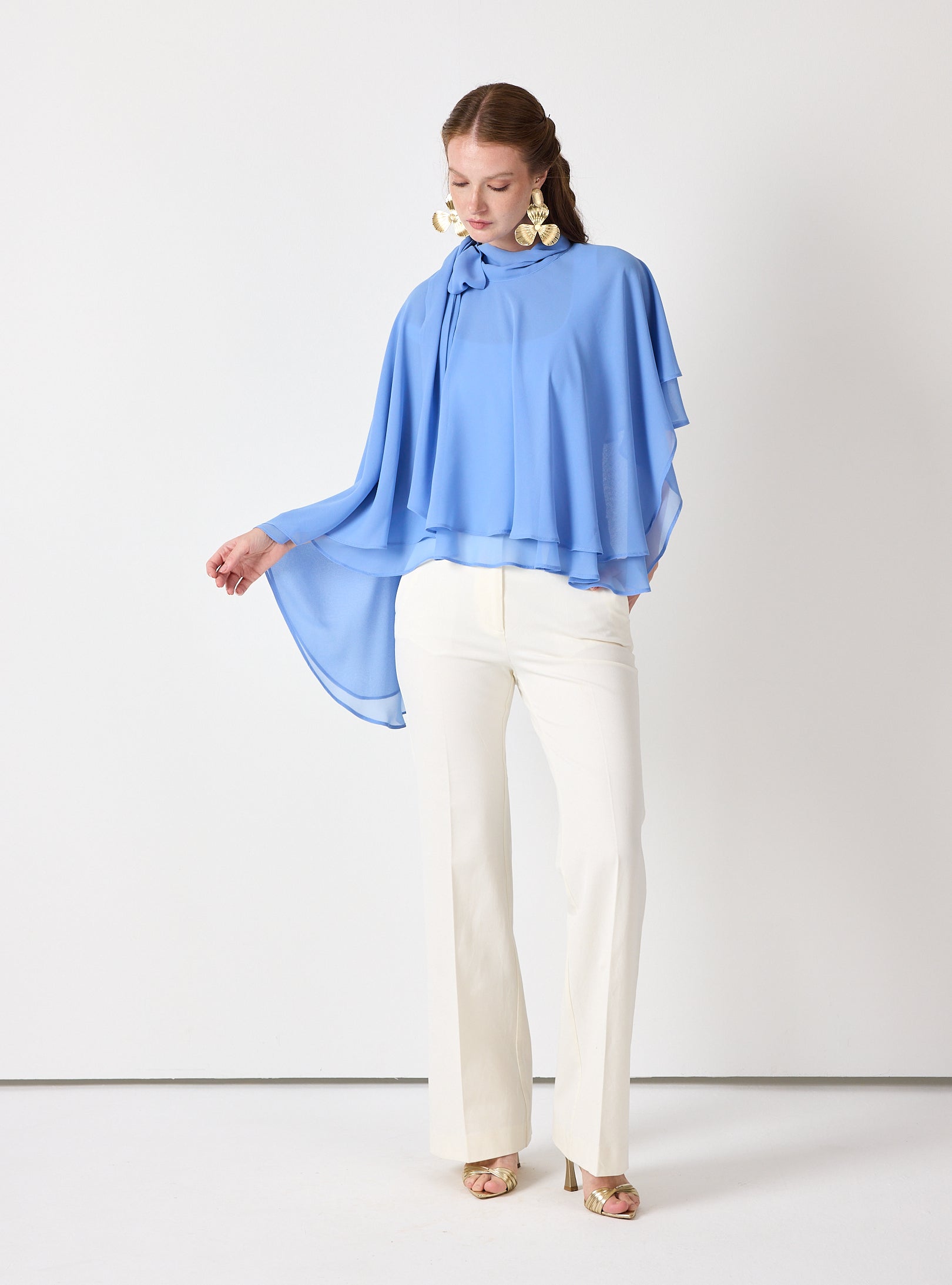 Sky Blue Chiffon Skirt Set with Layered Cape Top