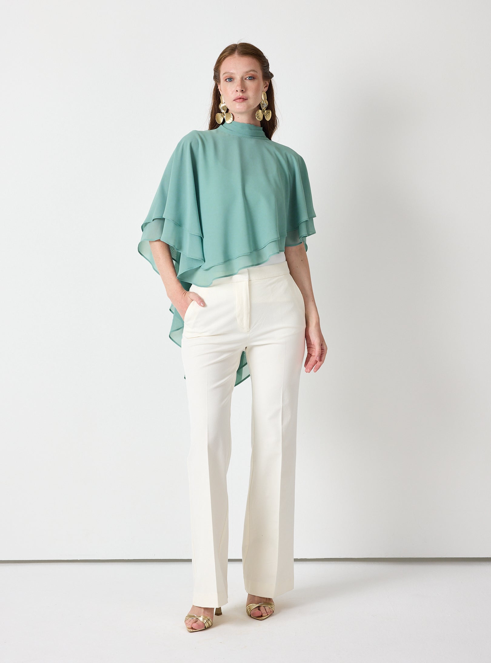 Army Green Chiffon Skirt Set with Layered Cape Top