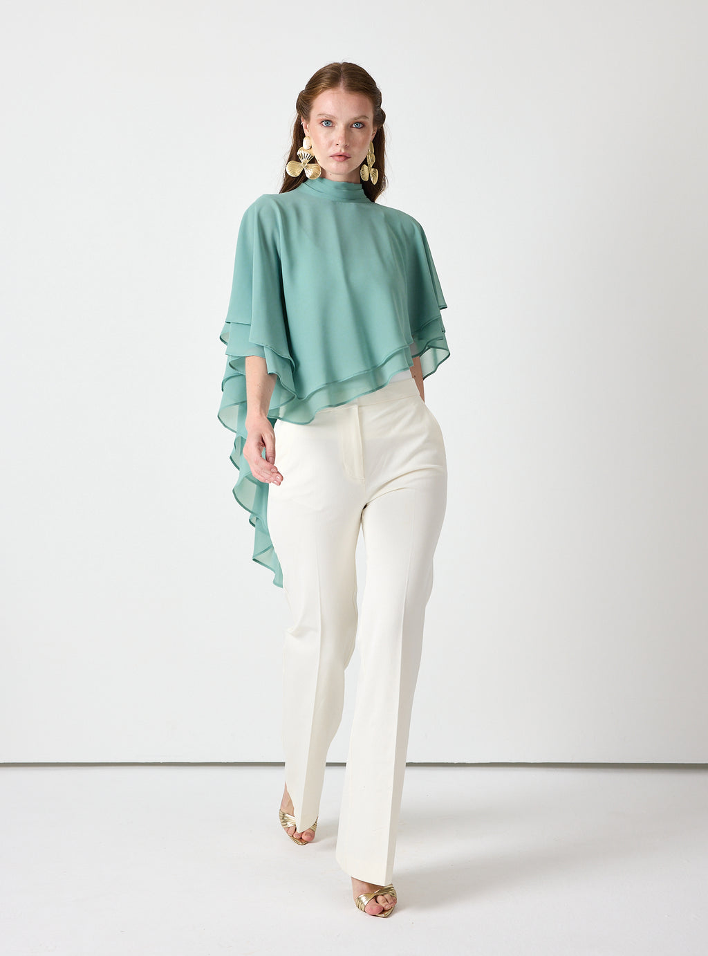 Army Green Chiffon Skirt Set with Layered Cape Top