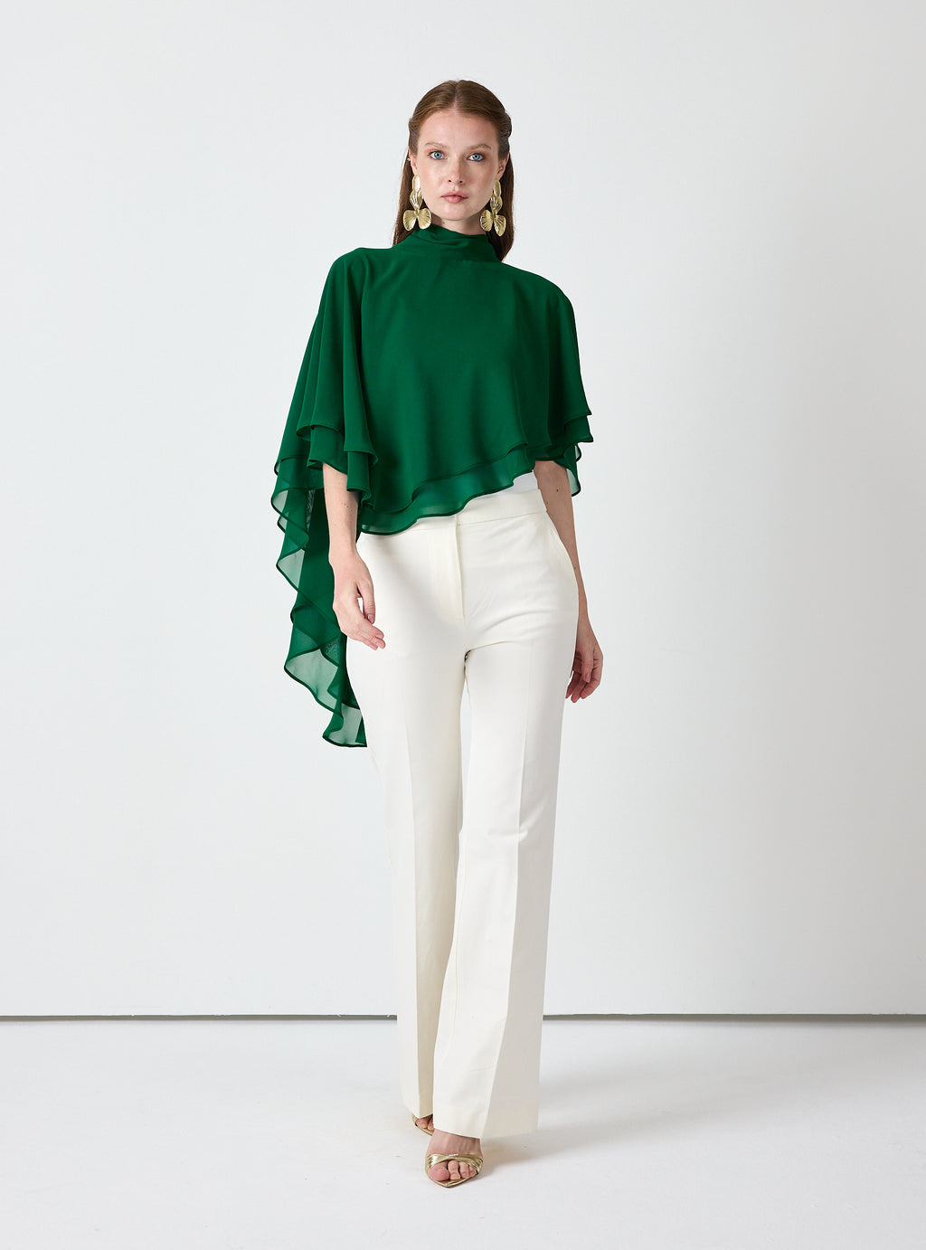 Emerald Chiffon Skirt Set with Layered Cape Top