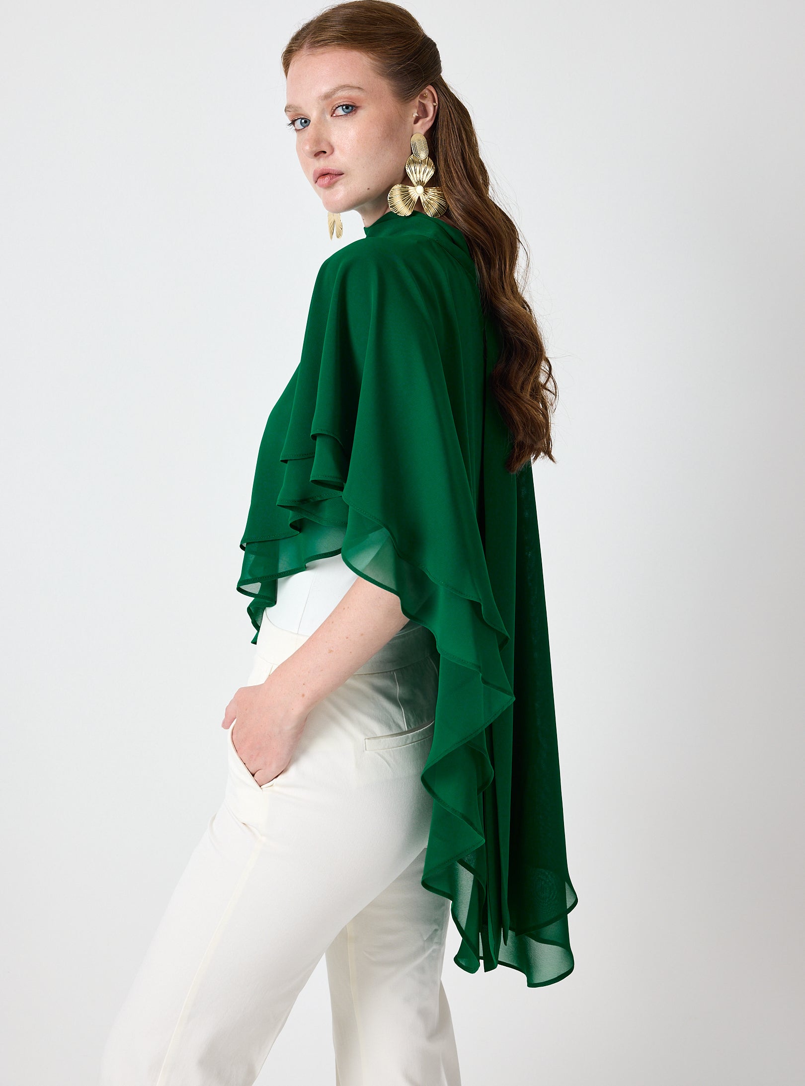 Emerald Chiffon Skirt Set with Layered Cape Top