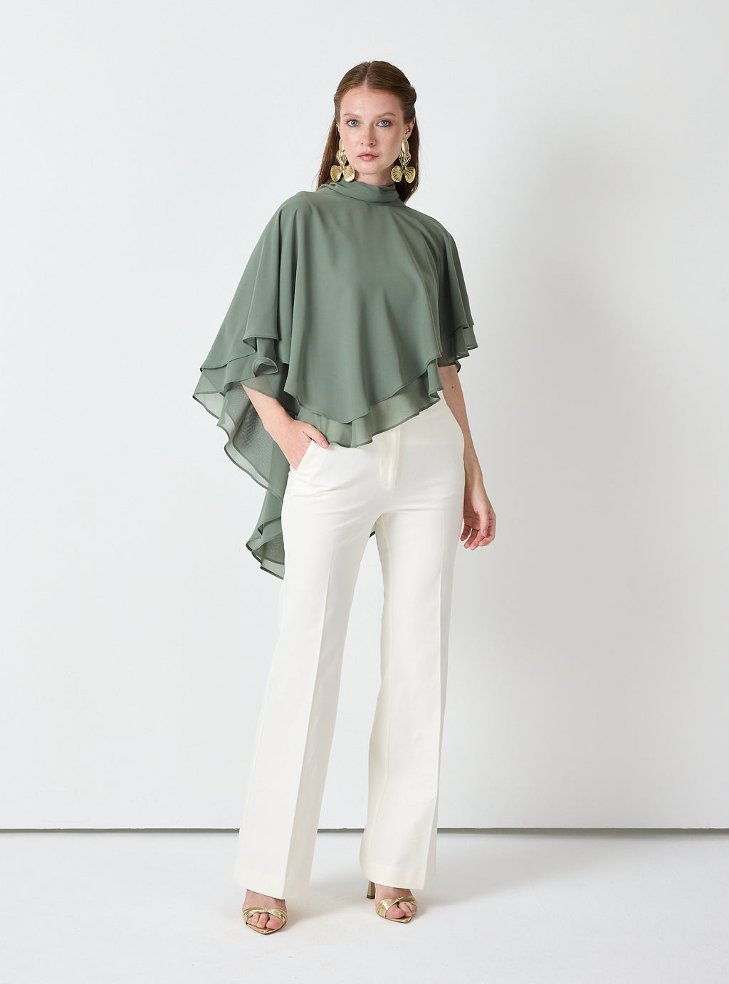 Army Green Chiffon Skirt Set with Layered Cape Top