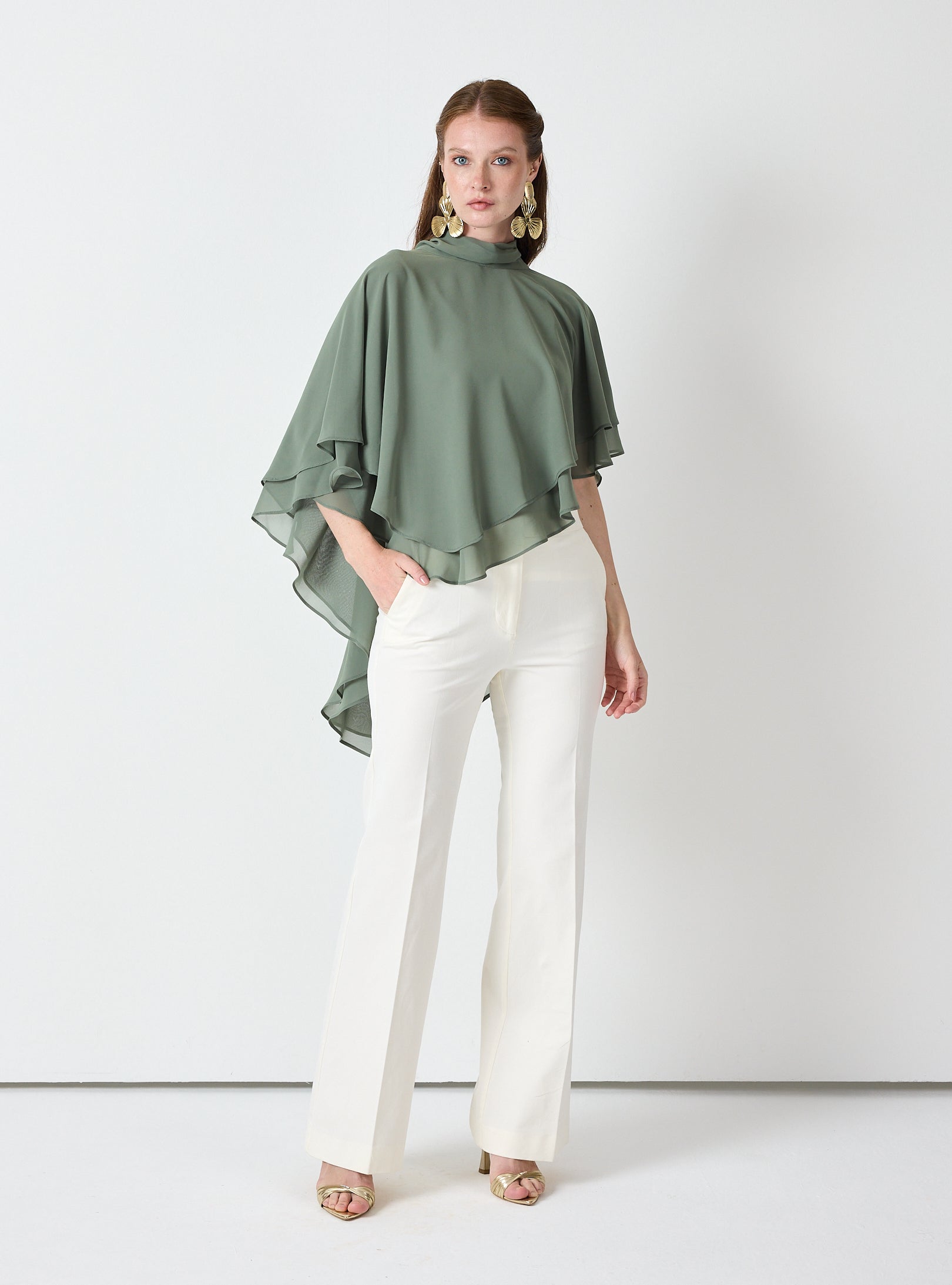 Army Green Chiffon Skirt Set with Layered Cape Top