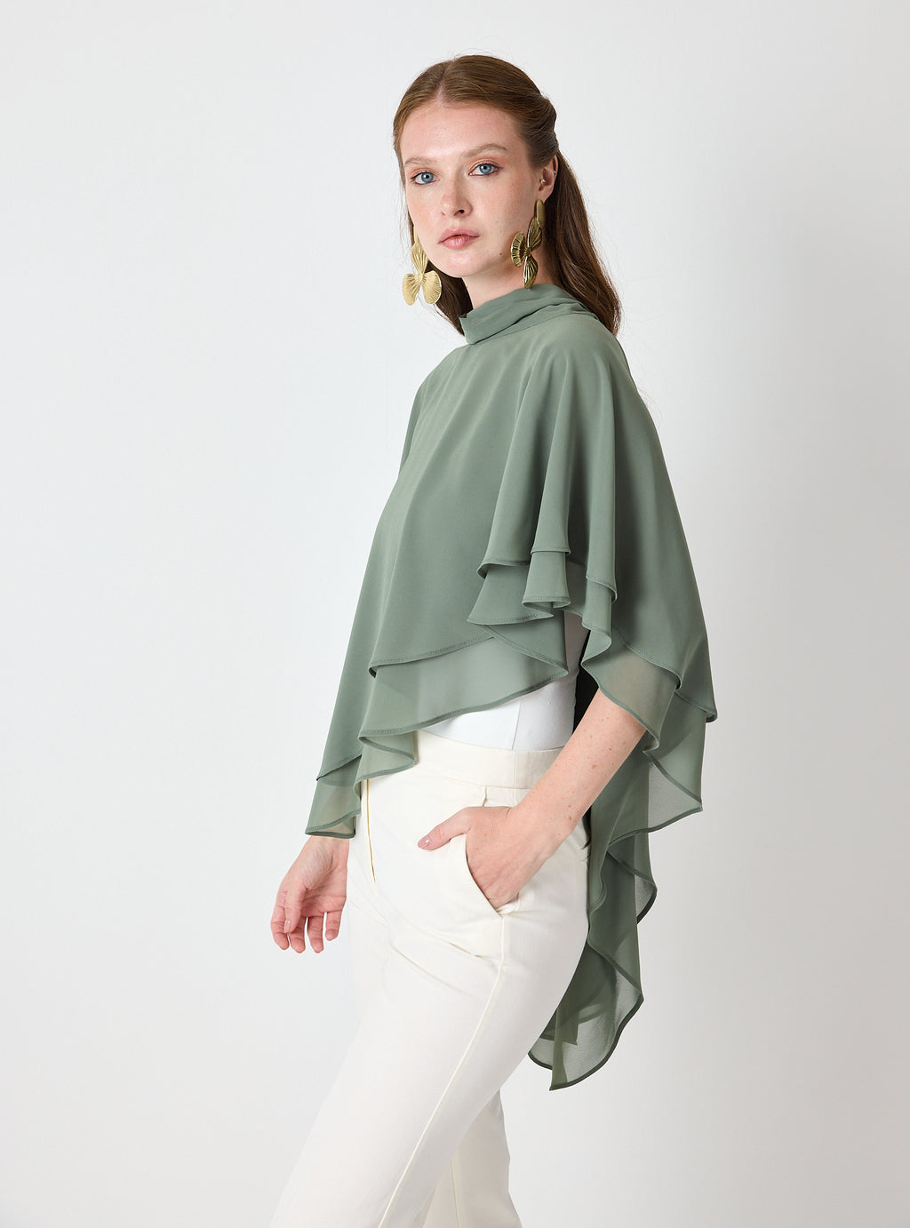 Army Green Chiffon Skirt Set with Layered Cape Top