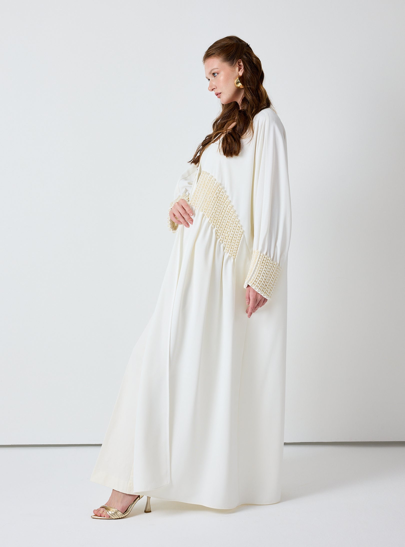 Off White Abaya with Pearl Embellishments