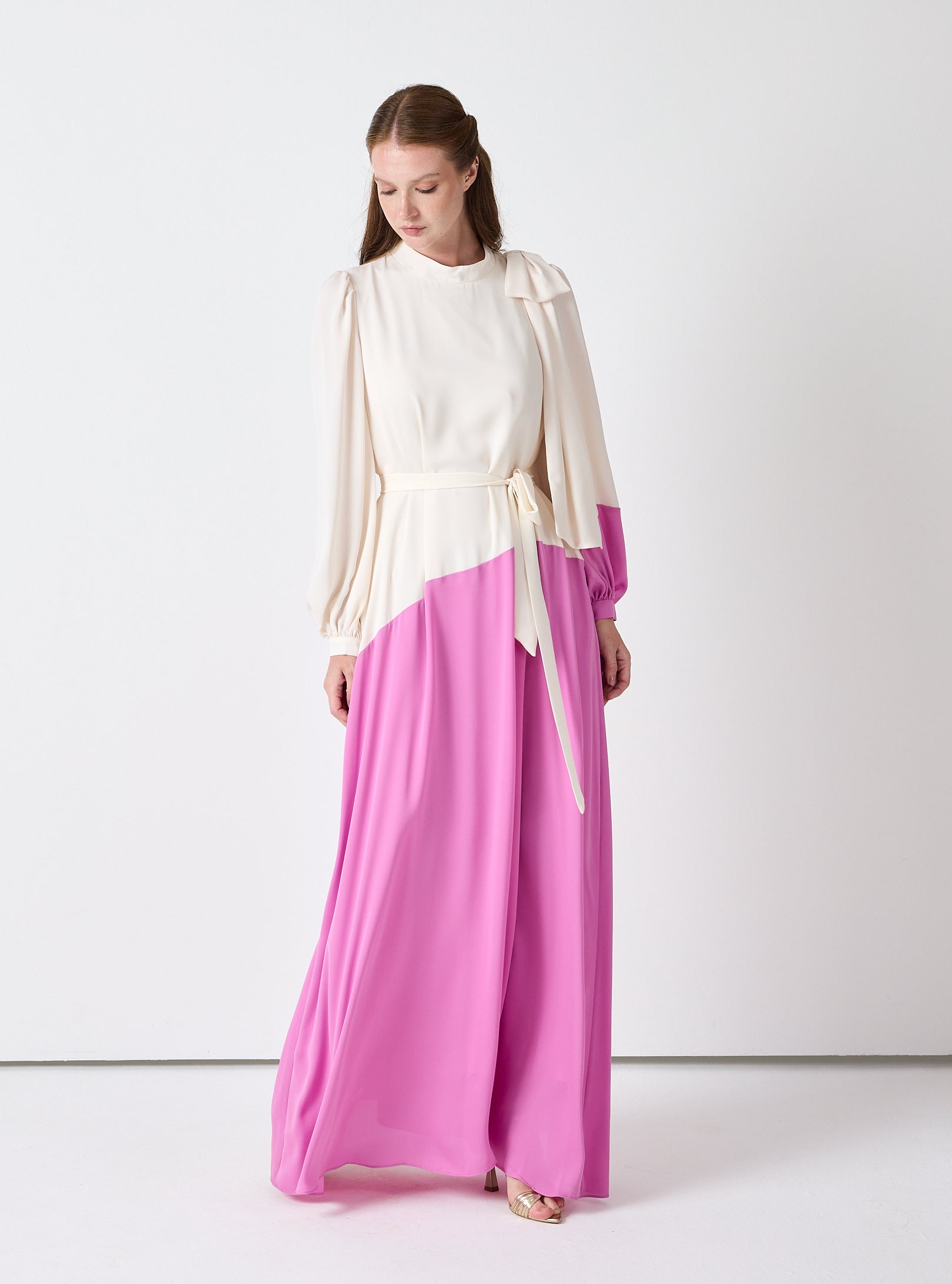 Ivory & Pink Color-Block Maxi Dress with Bow Detail - Store WF