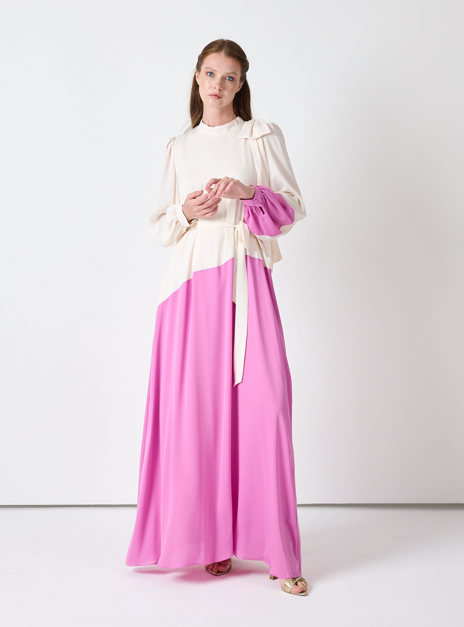Ivory & Pink Color-Block Maxi Dress with Bow Detail - Store WF
