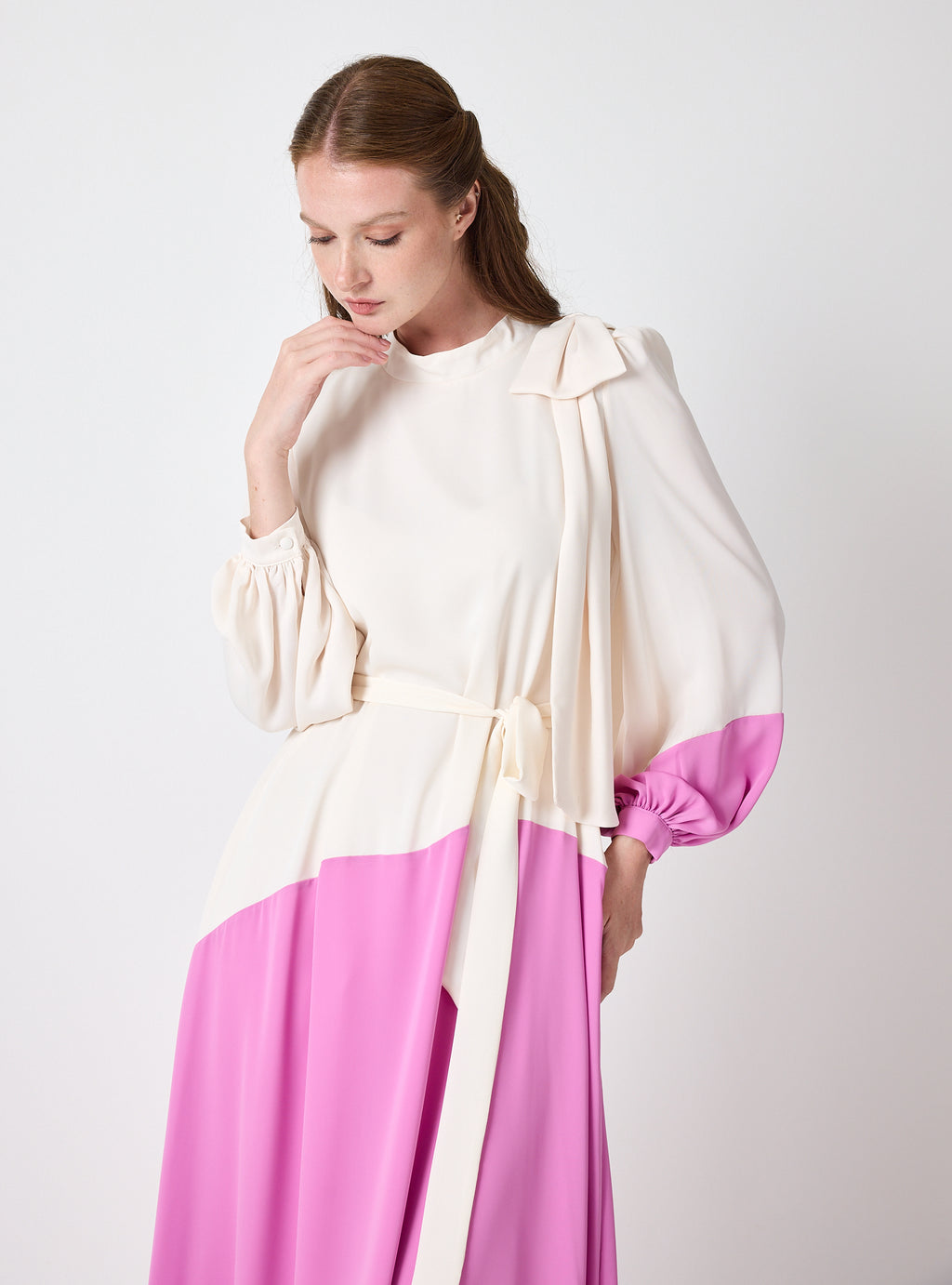 Ivory & Pink Color-Block Maxi Dress with Bow Detail - Store WF