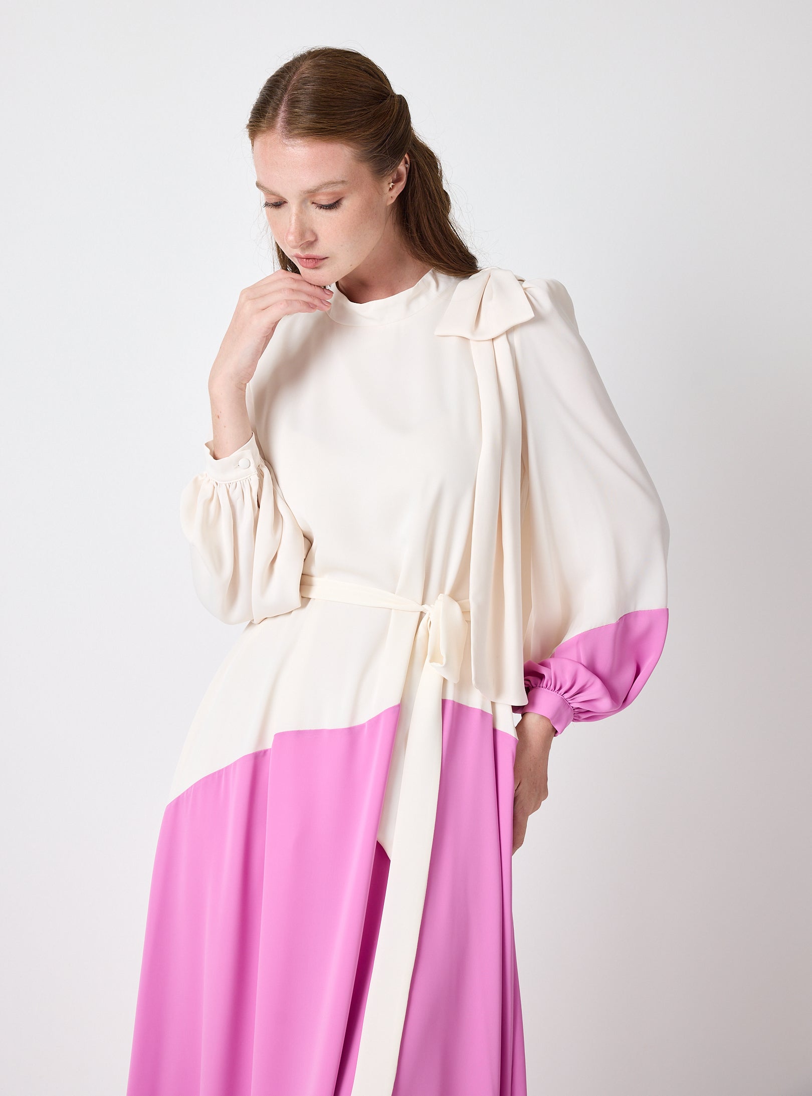 Ivory & Pink Color-Block Maxi Dress with Bow Detail - Store WF