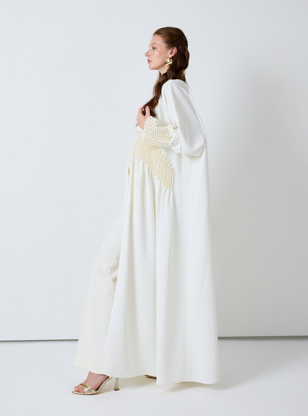 Off White Abaya with Pearl Embellishments