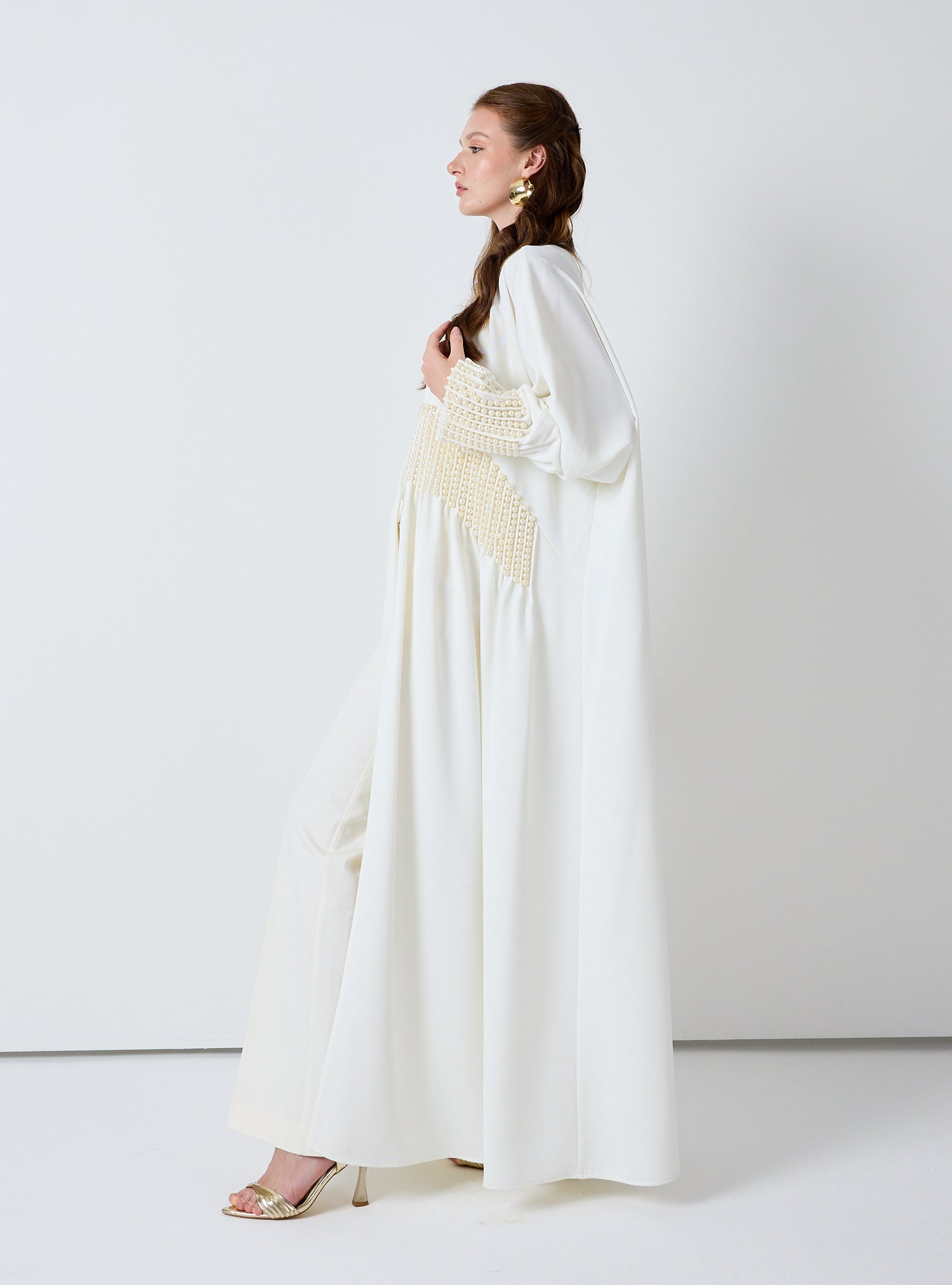 Off White Abaya with Pearl Embellishments