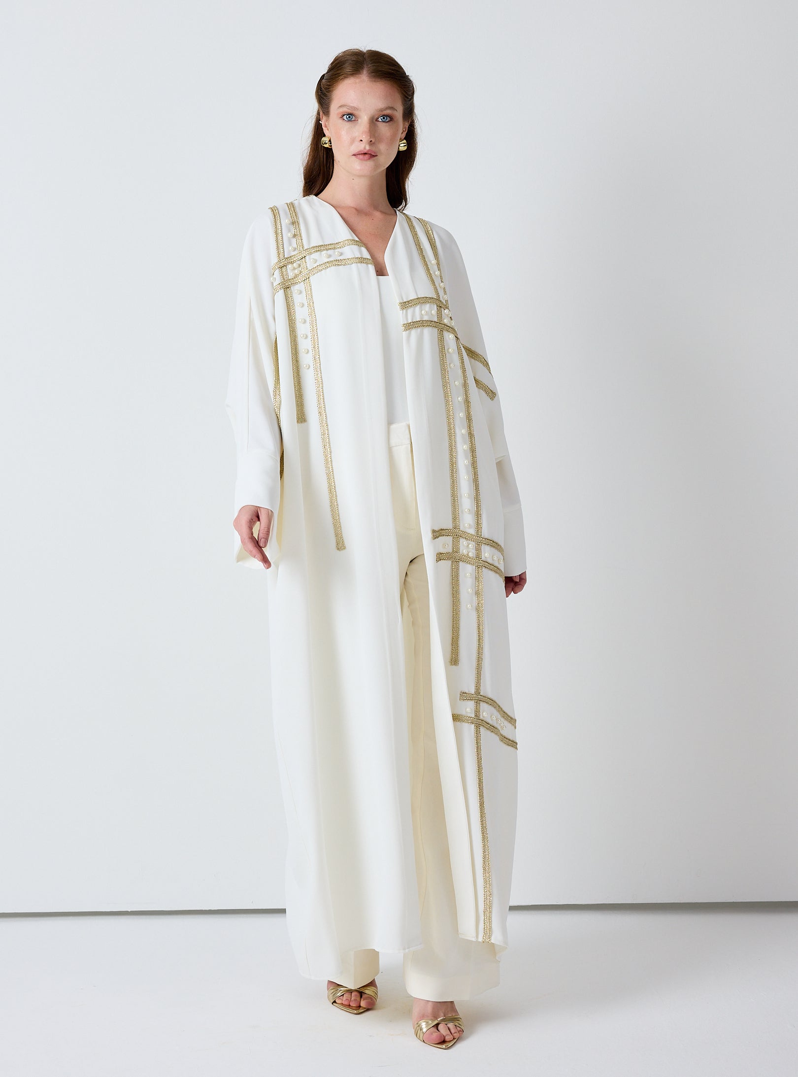 Off-White Abaya with Gold & Pearl Embellishments