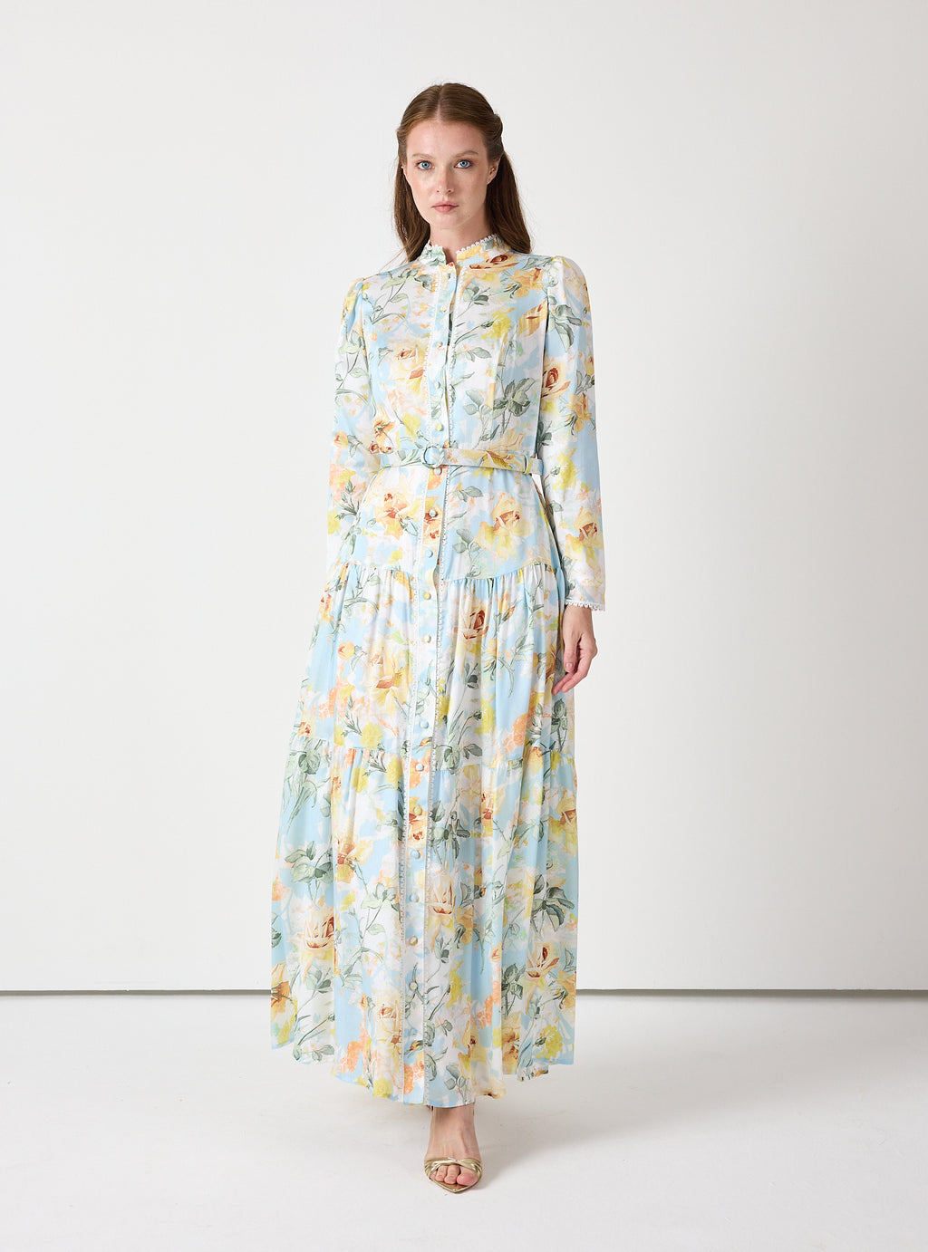 Pastel Floral Button-Down Dress with Belt - Store WF