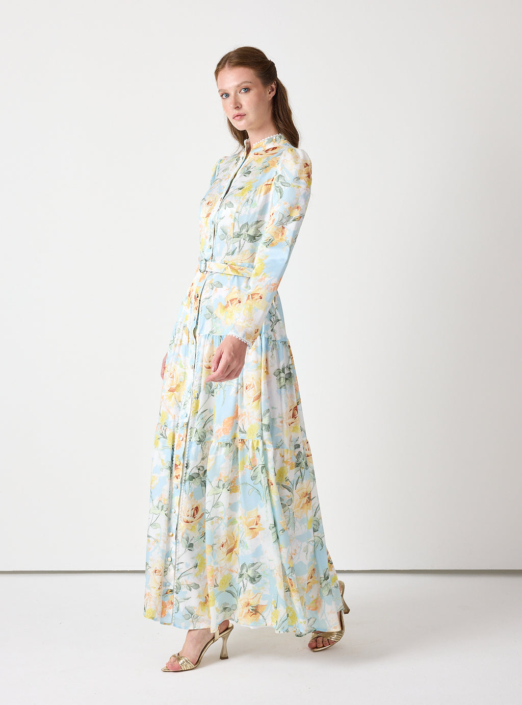 Pastel Floral Button-Down Dress with Belt - Store WF