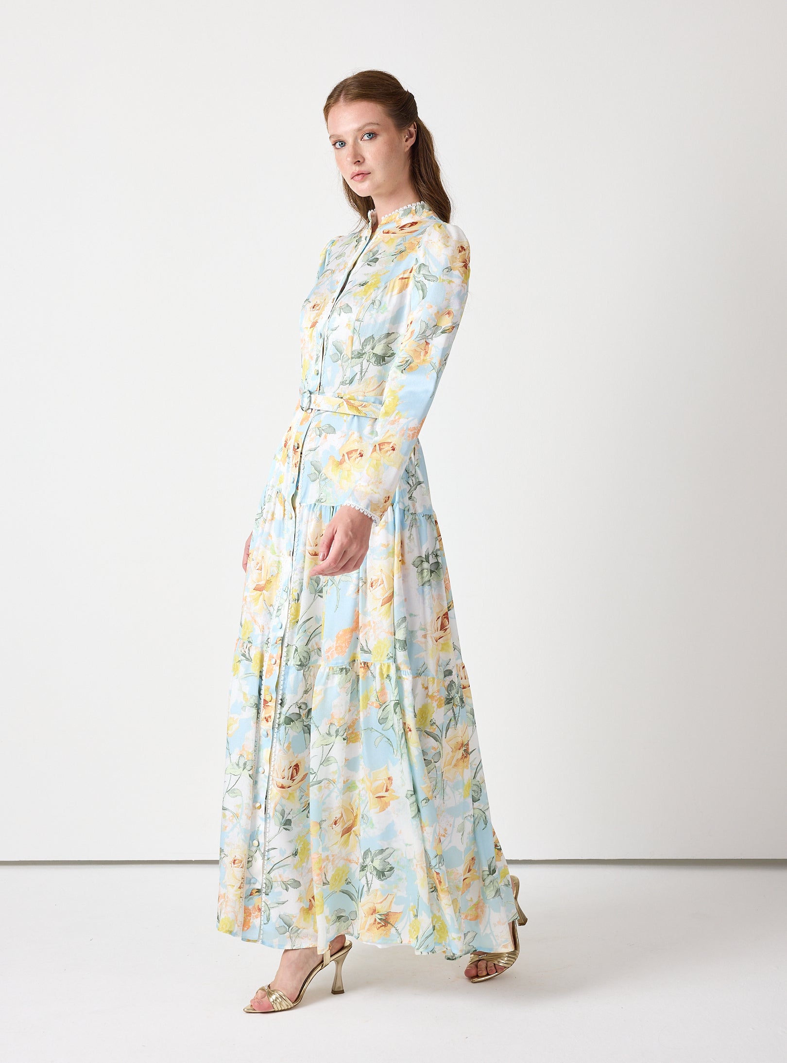 Pastel Floral Button-Down Dress with Belt - Store WF