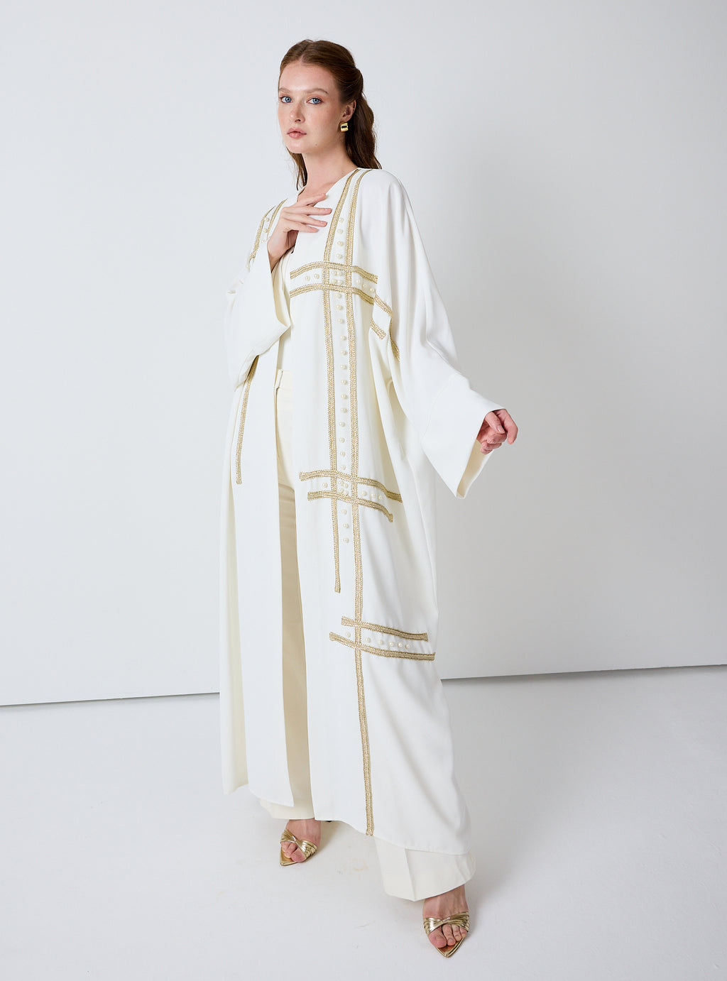 Off-White Abaya with Gold & Pearl Embellishments
