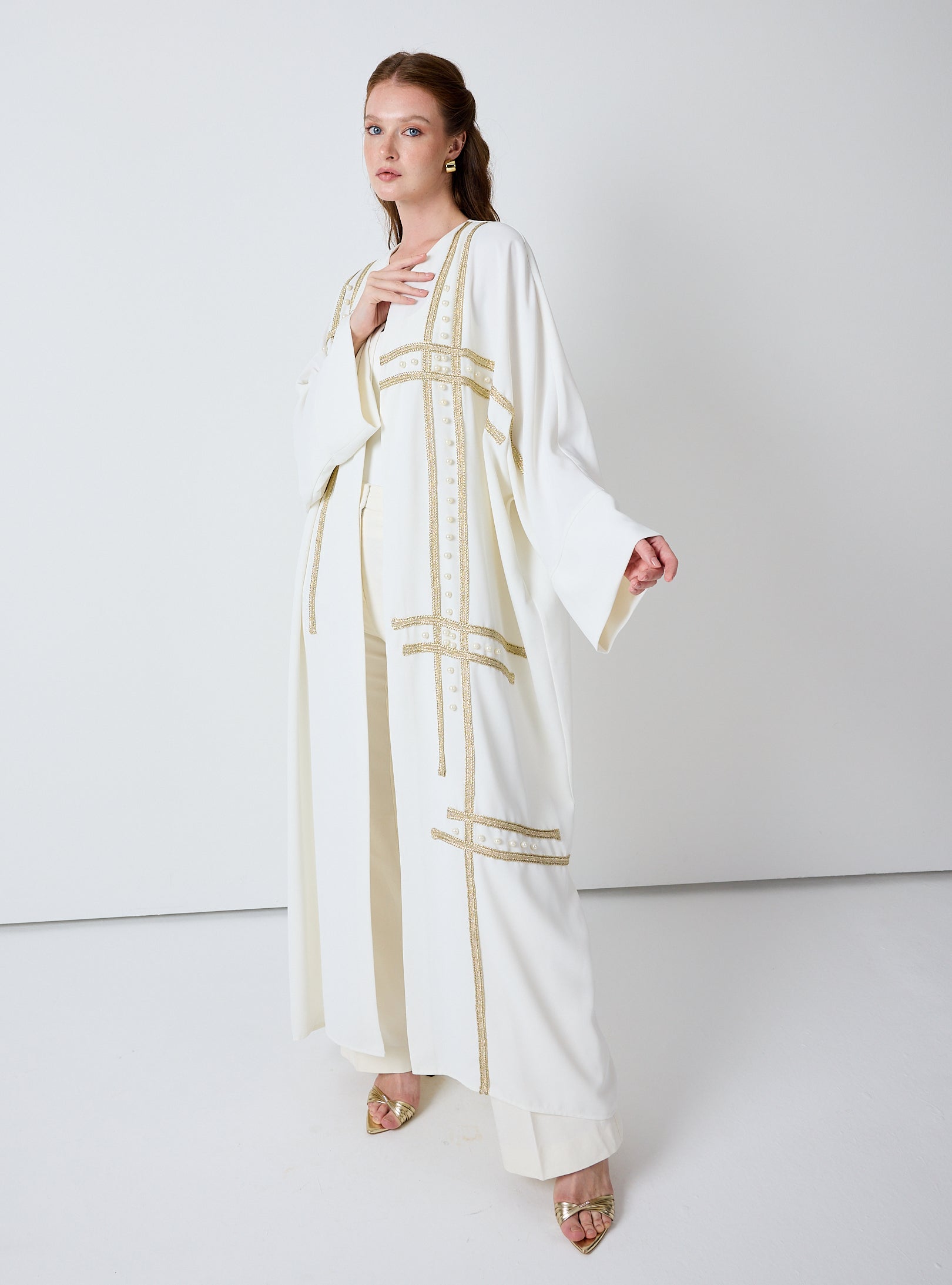 Off-White Abaya with Gold & Pearl Embellishments