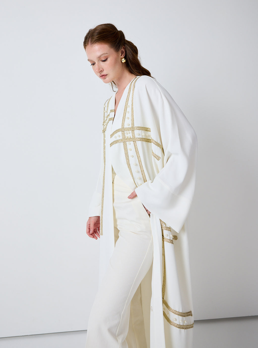 Off-White Abaya with Gold & Pearl Embellishments