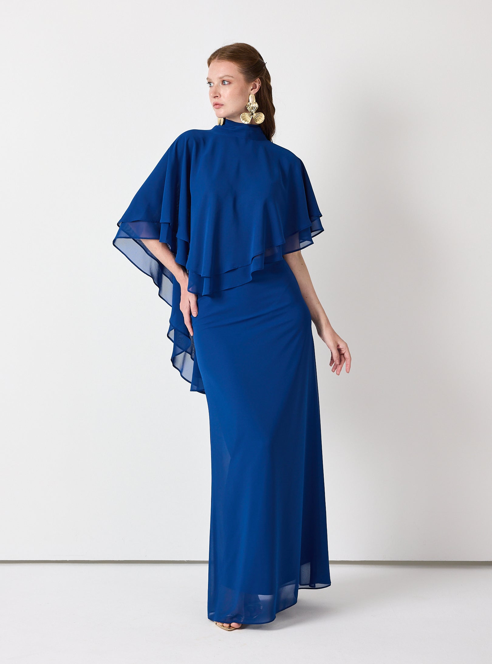 Sky Blue Chiffon Skirt Set with Layered Cape Top