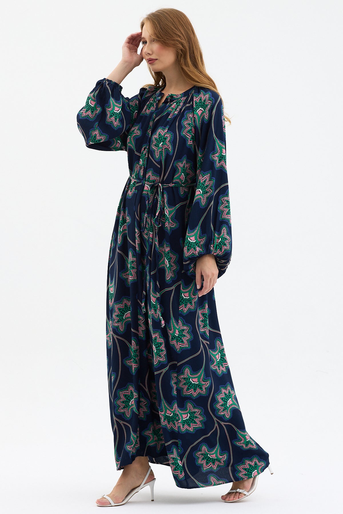 Navy Blue Floral Maxi Dress with Belted Waist & Balloon Sleeves - Store WF