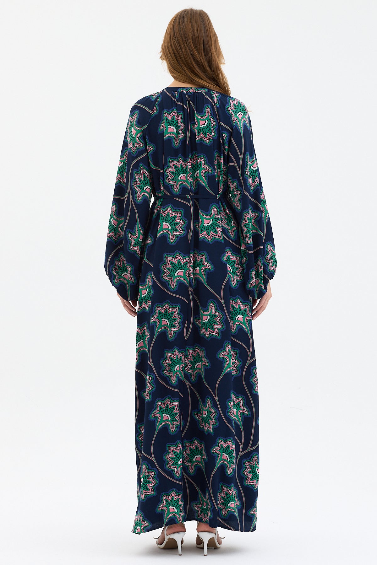 Navy Blue Floral Maxi Dress with Belted Waist & Balloon Sleeves - Store WF