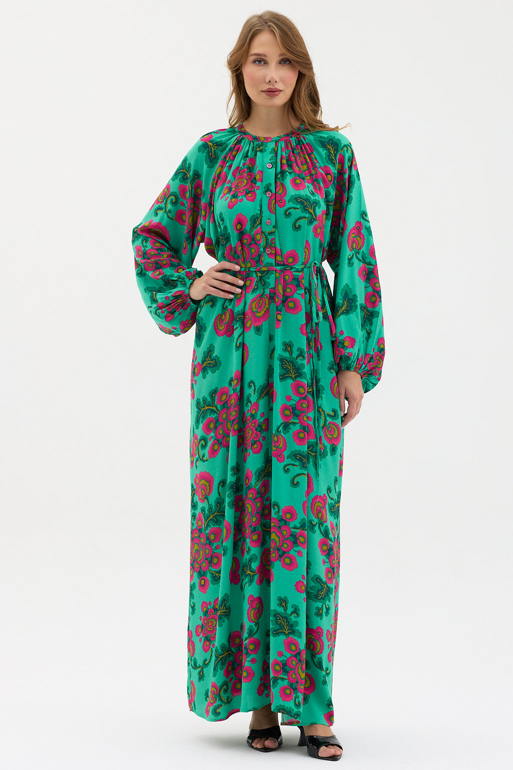 Green Floral Print Maxi Dress with Belted Waist & Balloon Sleeves