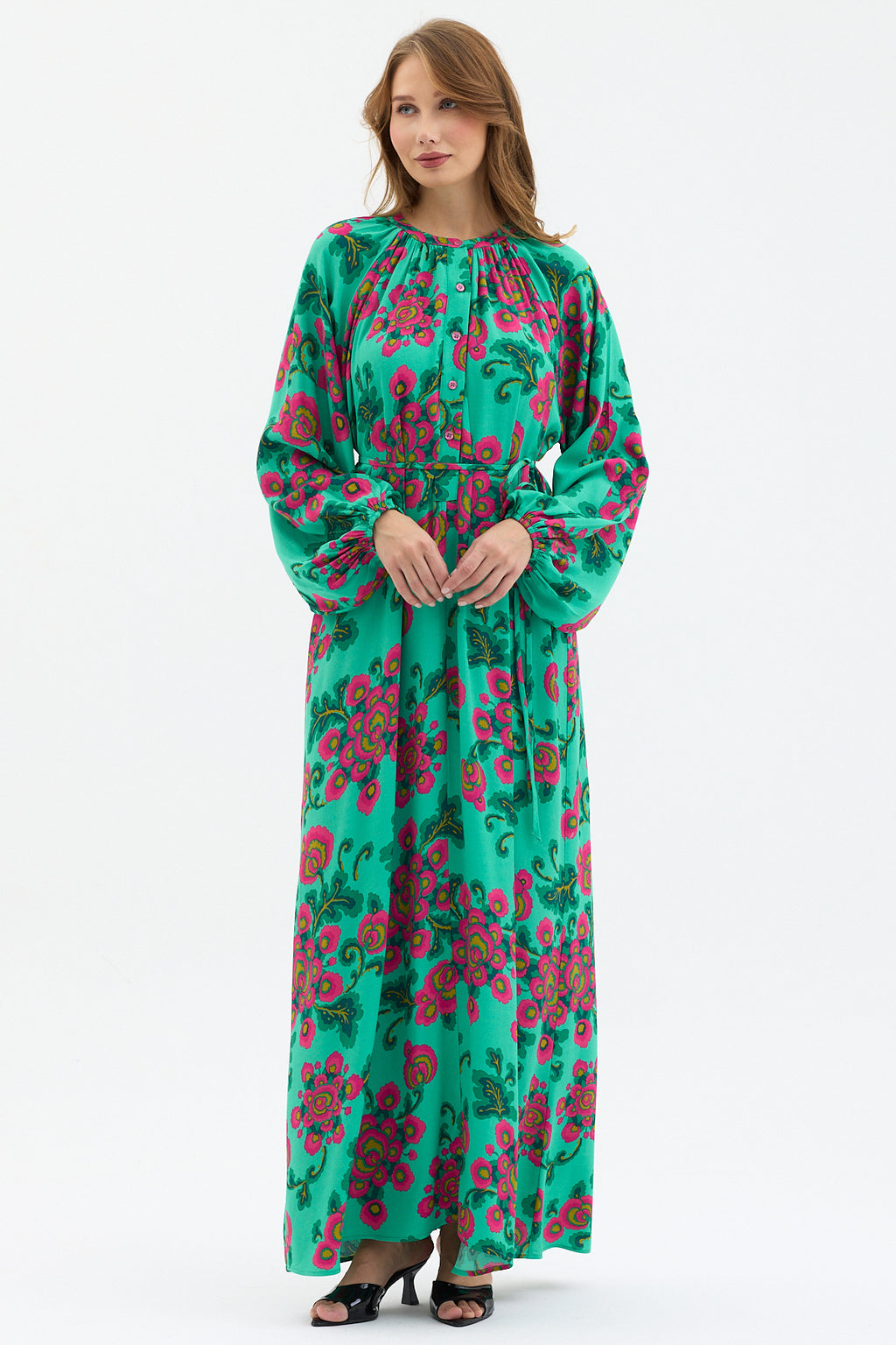 Green Floral Print Maxi Dress with Belted Waist & Balloon Sleeves
