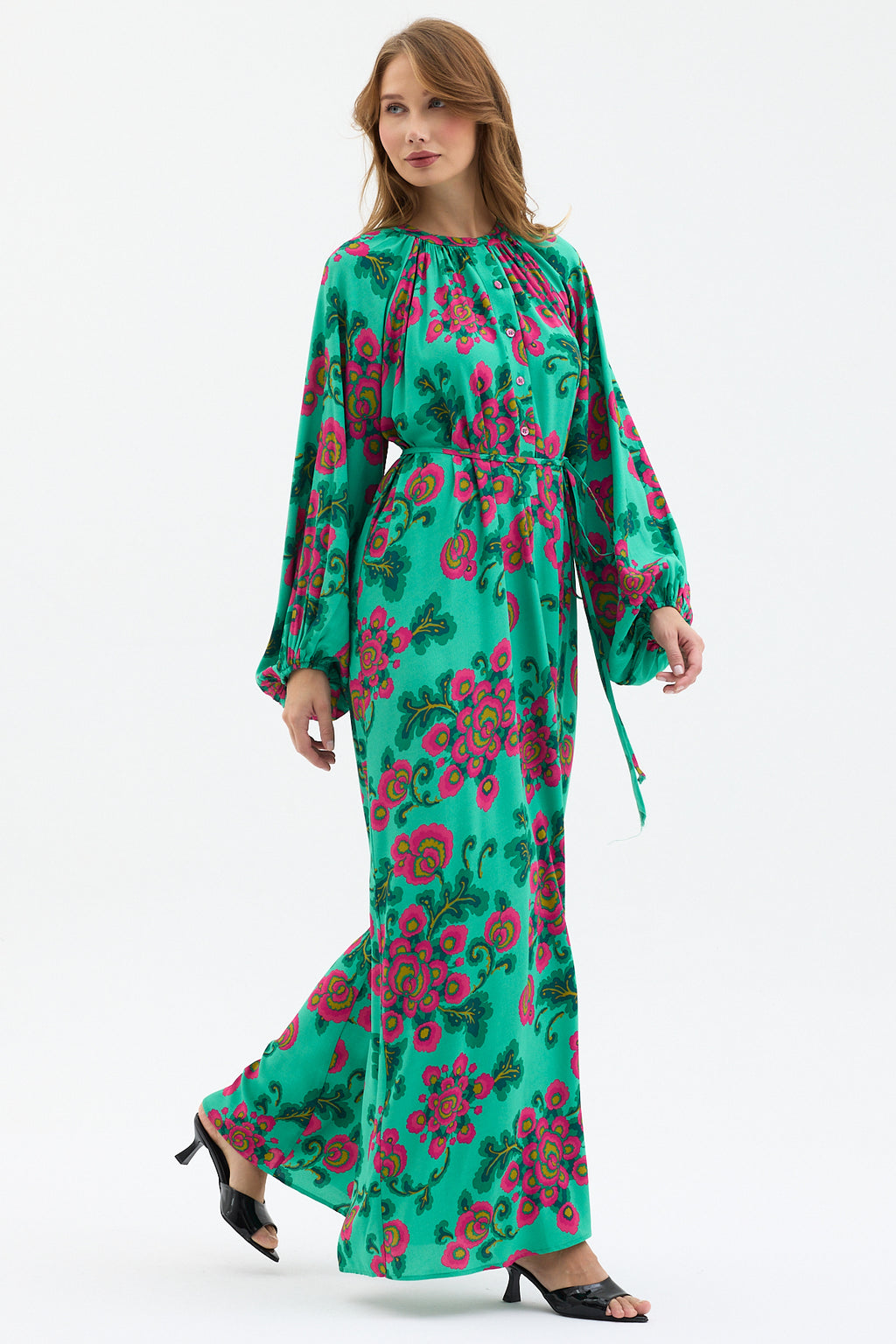 Green Floral Print Maxi Dress with Belted Waist & Balloon Sleeves