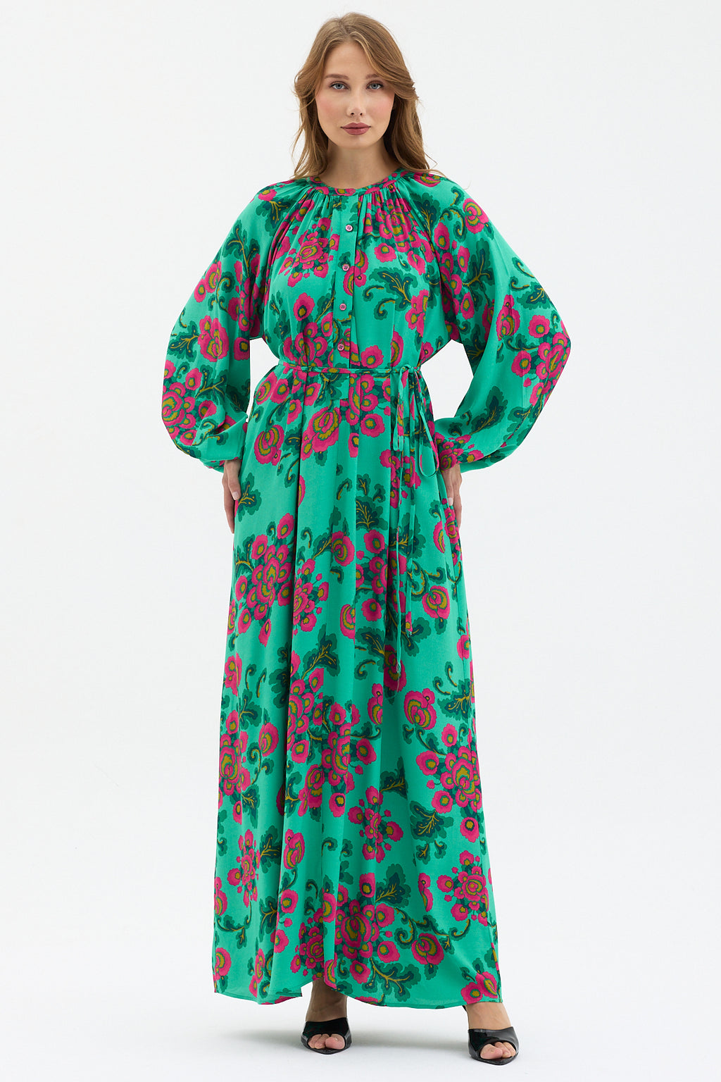 Green Floral Print Maxi Dress with Belted Waist & Balloon Sleeves