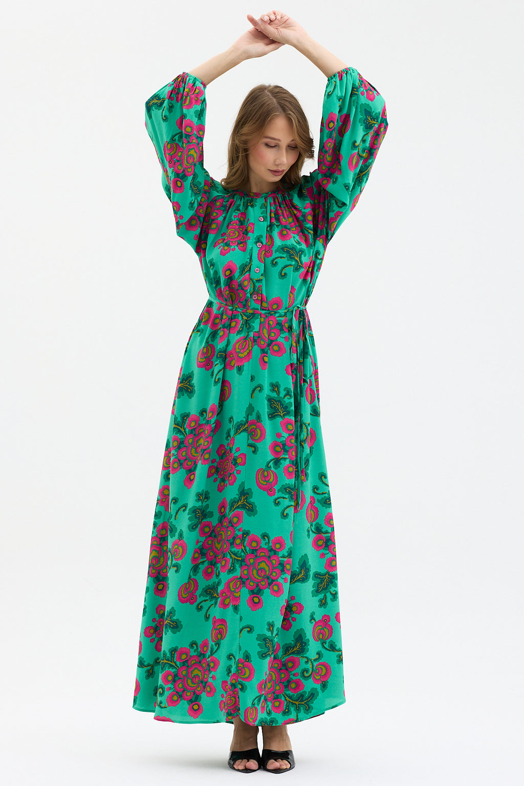Green Floral Print Maxi Dress with Belted Waist & Balloon Sleeves
