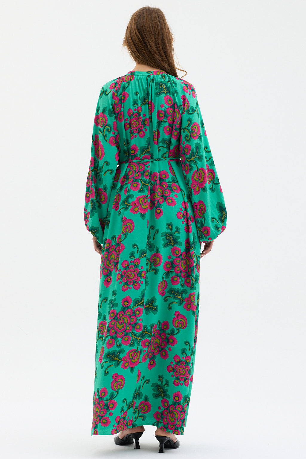Green Floral Print Maxi Dress with Belted Waist & Balloon Sleeves