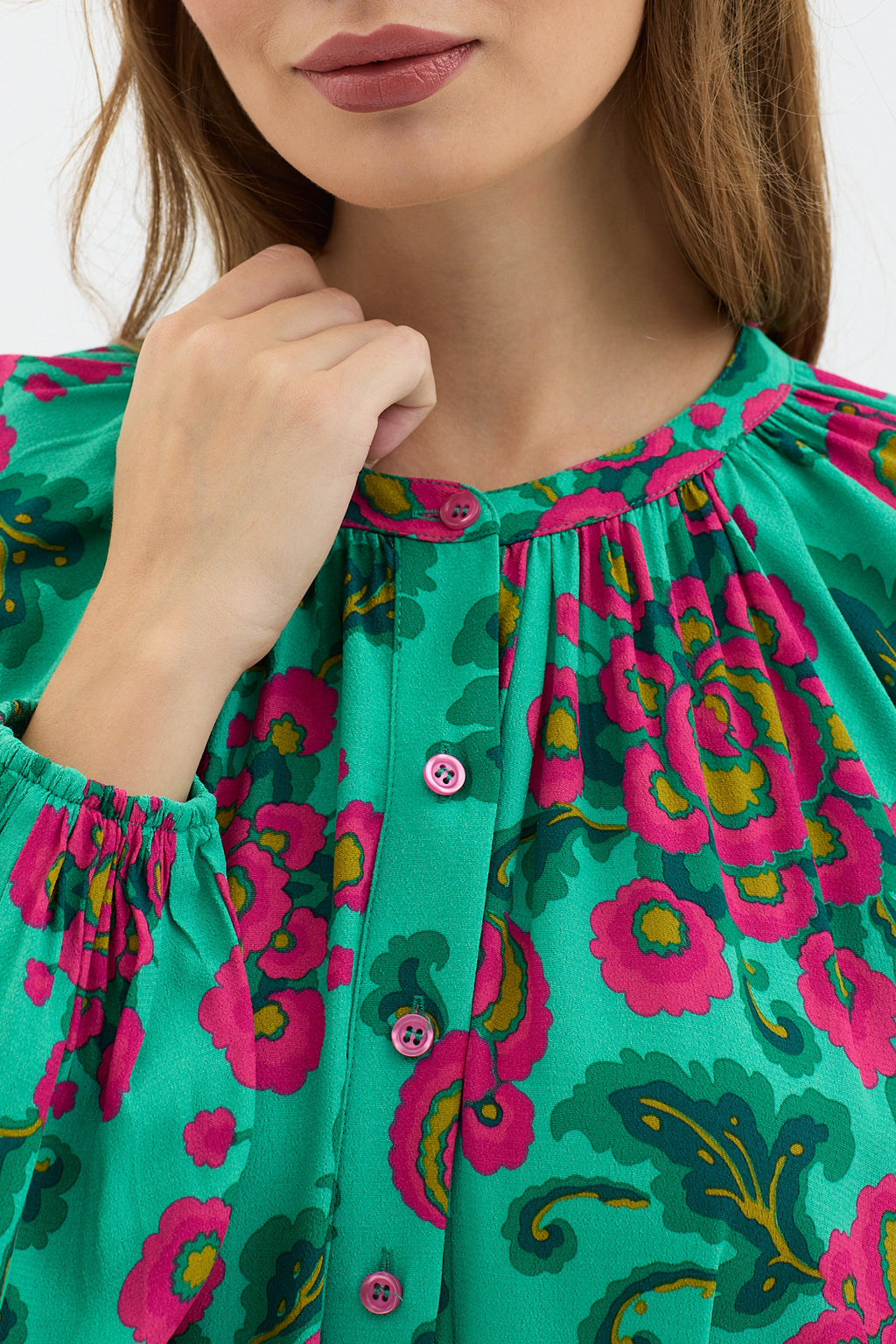 Green Floral Print Maxi Dress with Belted Waist & Balloon Sleeves