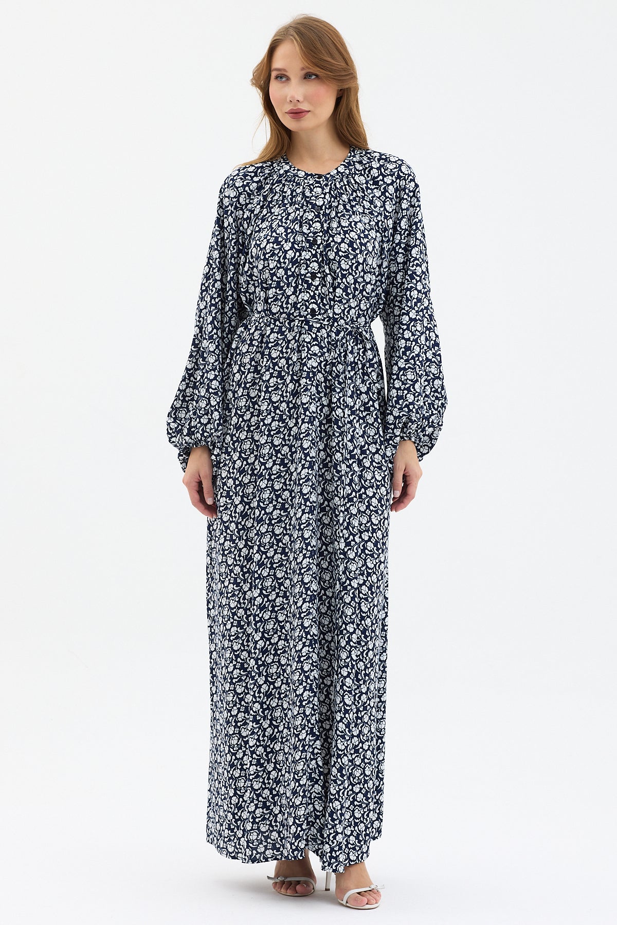 Navy Print Belted Maxi Dress - Store WF