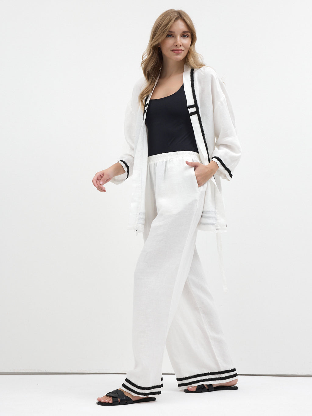 100% Washed Linen White Kimono & Trouser Set