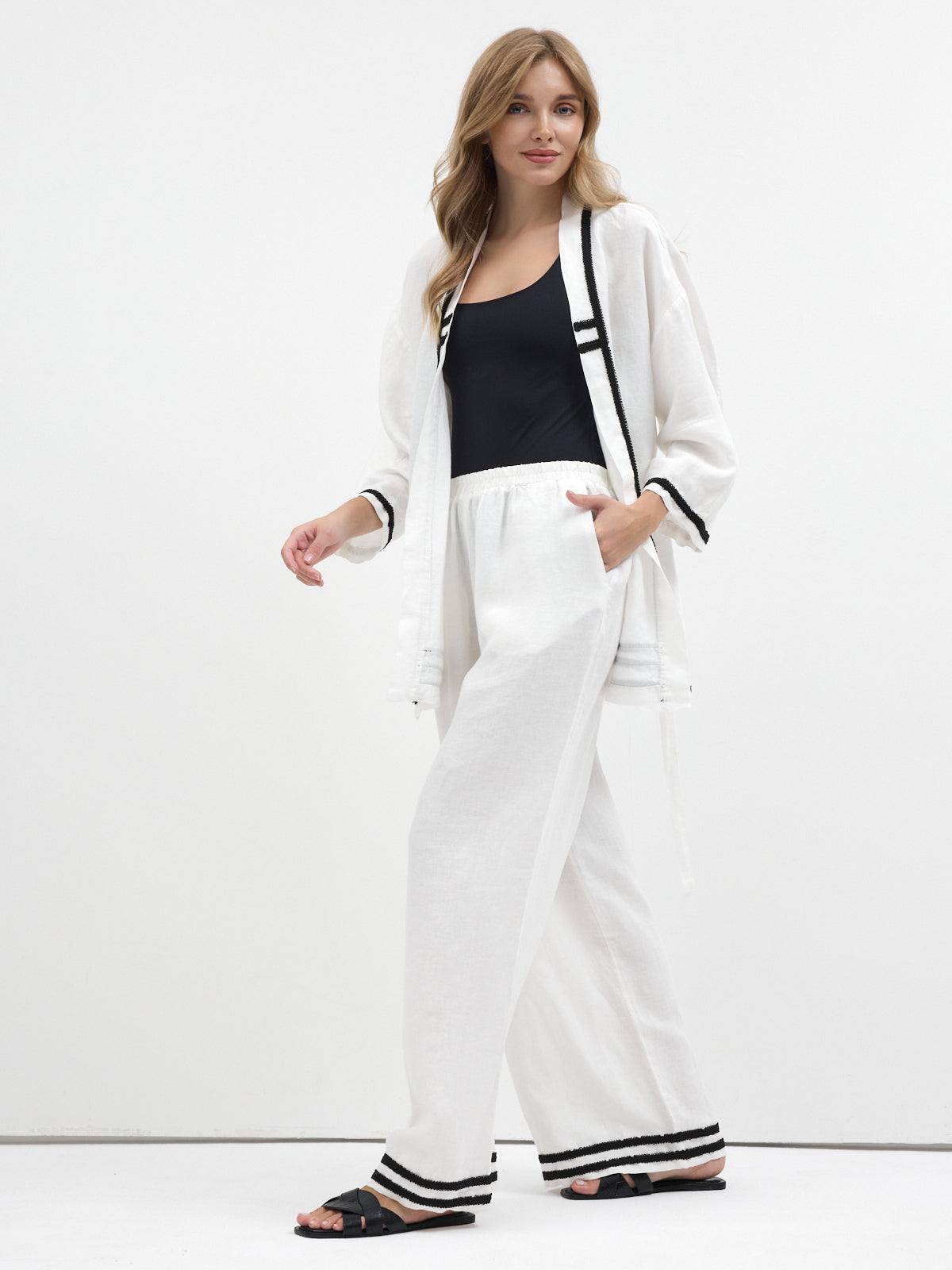 100% Washed Linen White Kimono & Trouser Set