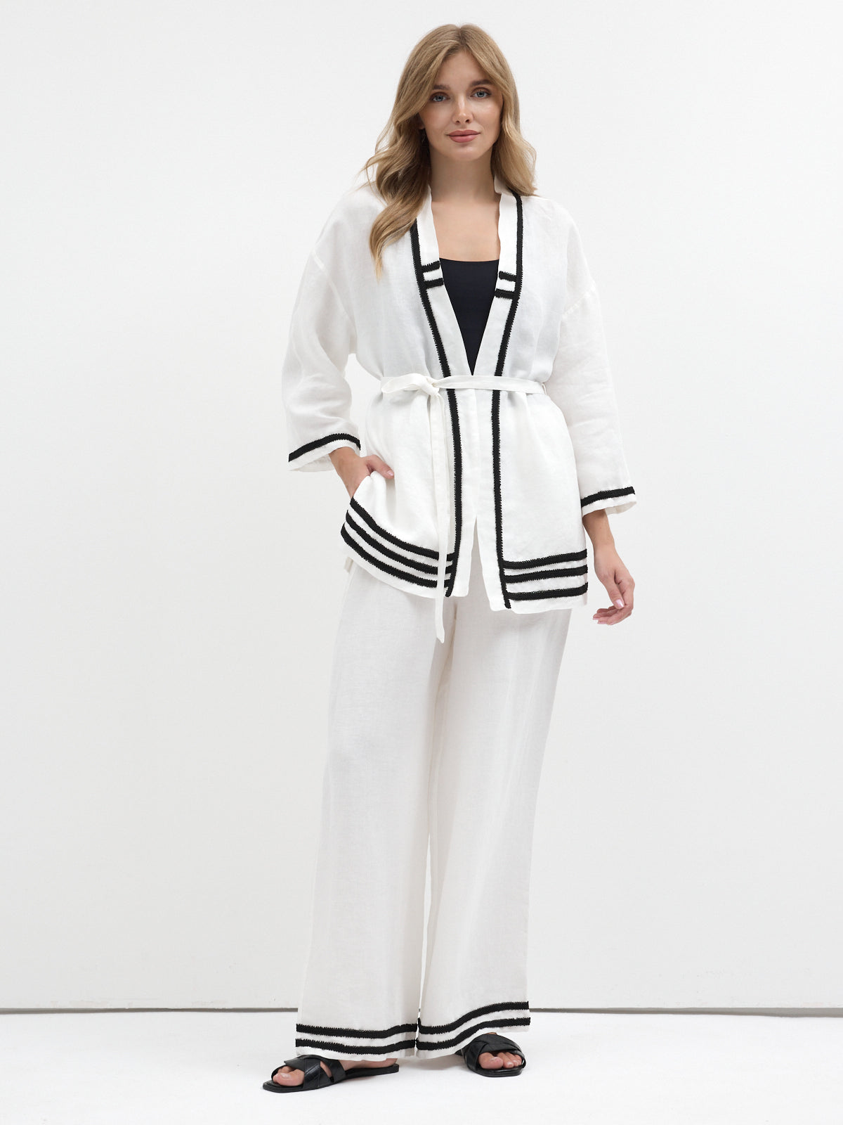 100% Washed Linen White Kimono & Trouser Set