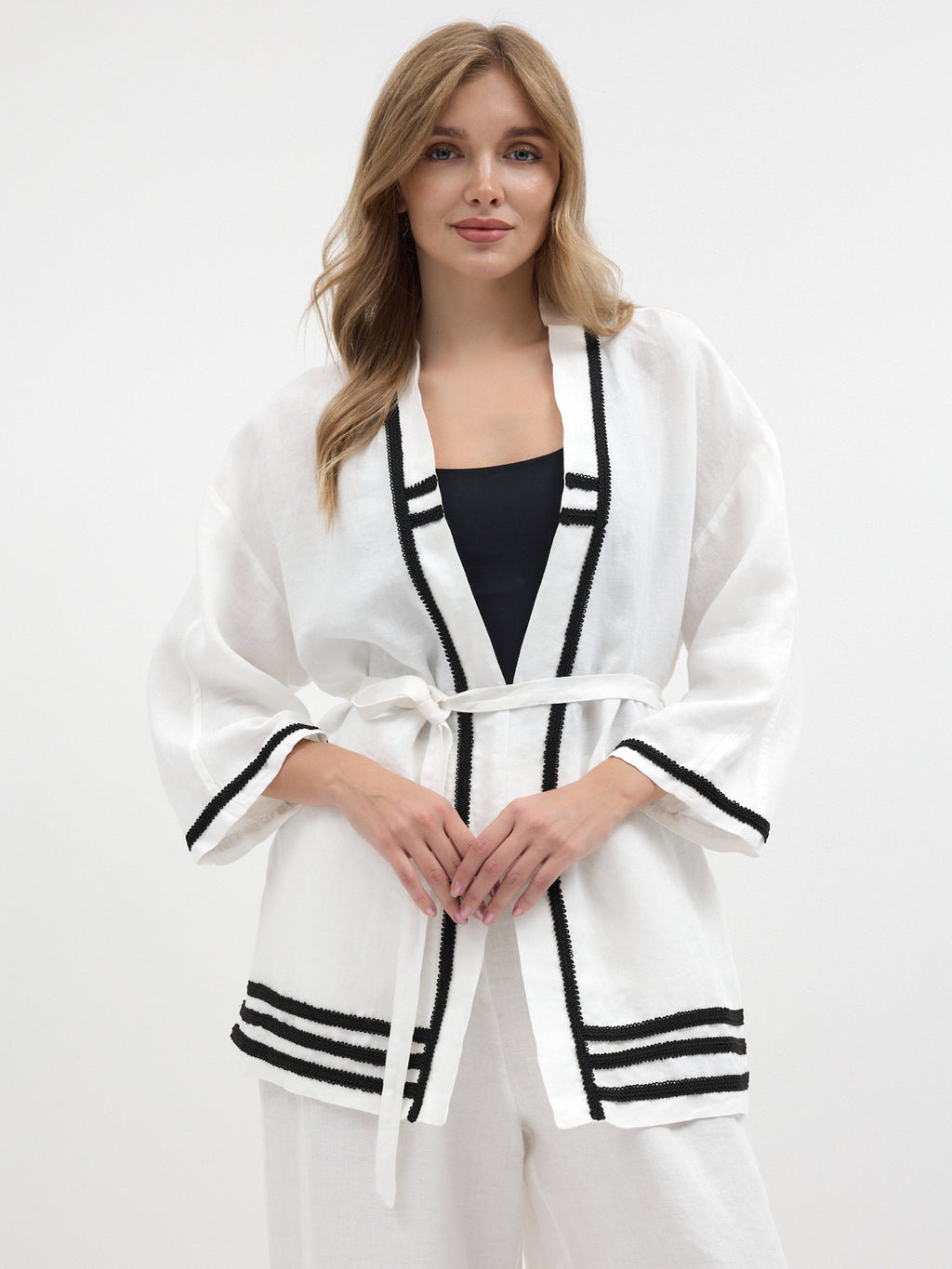 100% Washed Linen White Kimono & Trouser Set