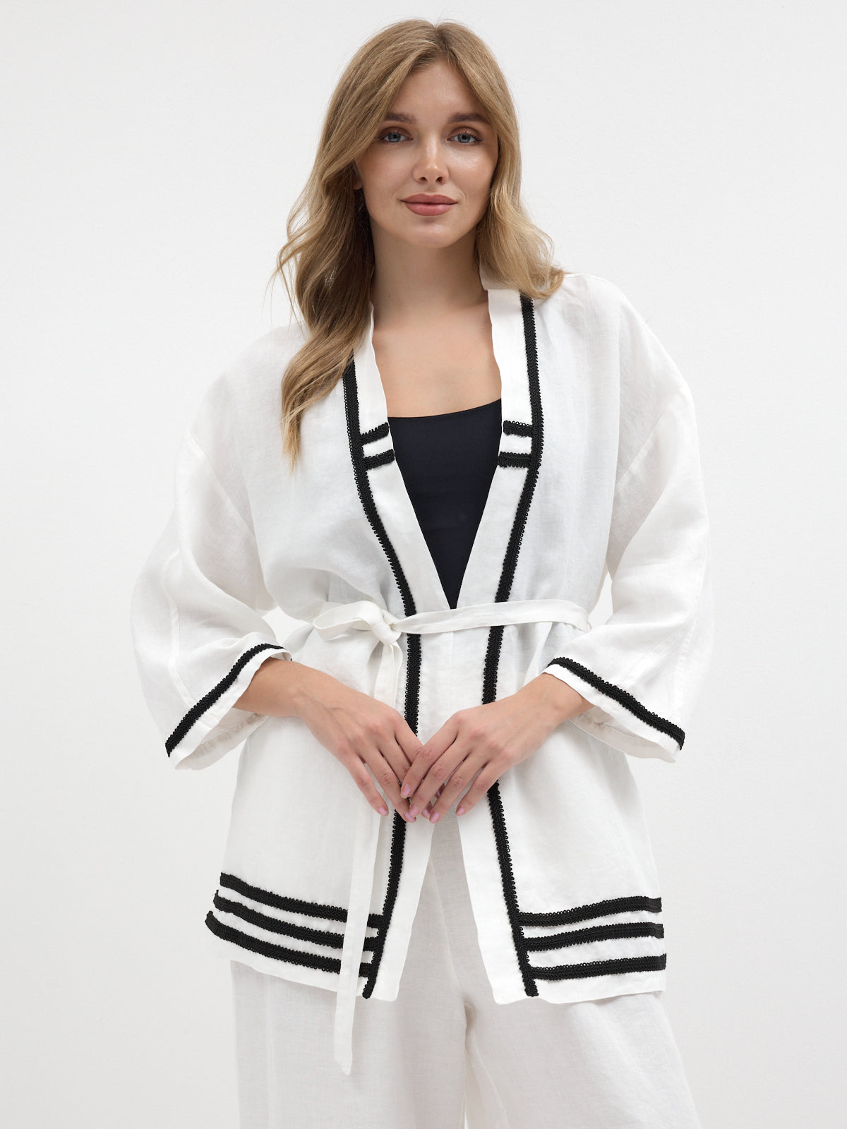 100% Washed Linen White Kimono & Trouser Set