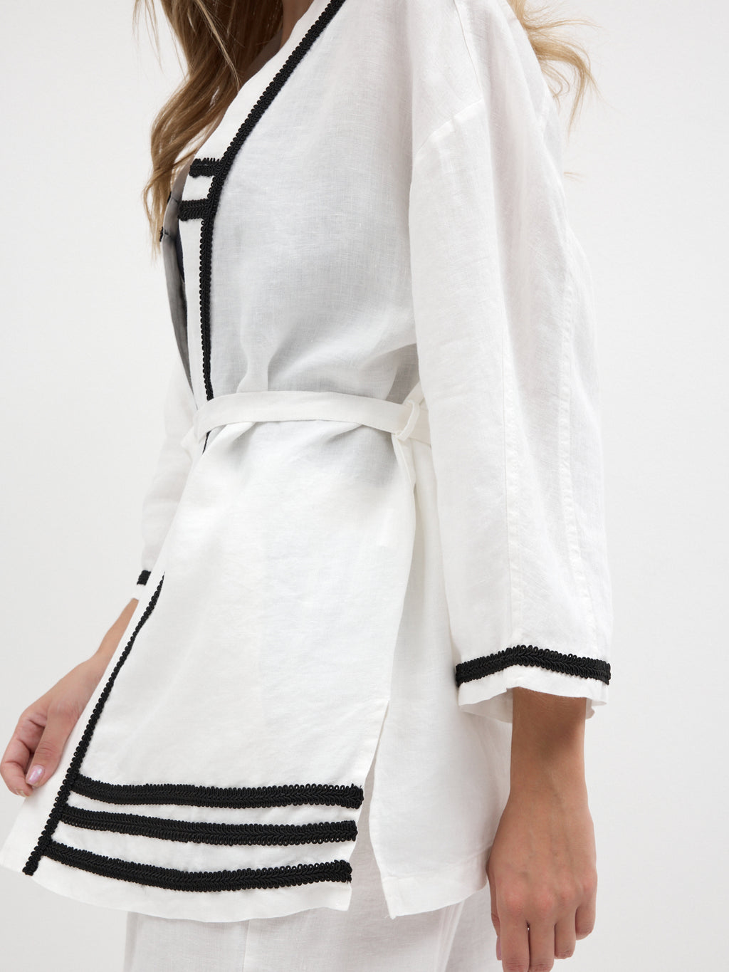 100% Washed Linen White Kimono & Trouser Set