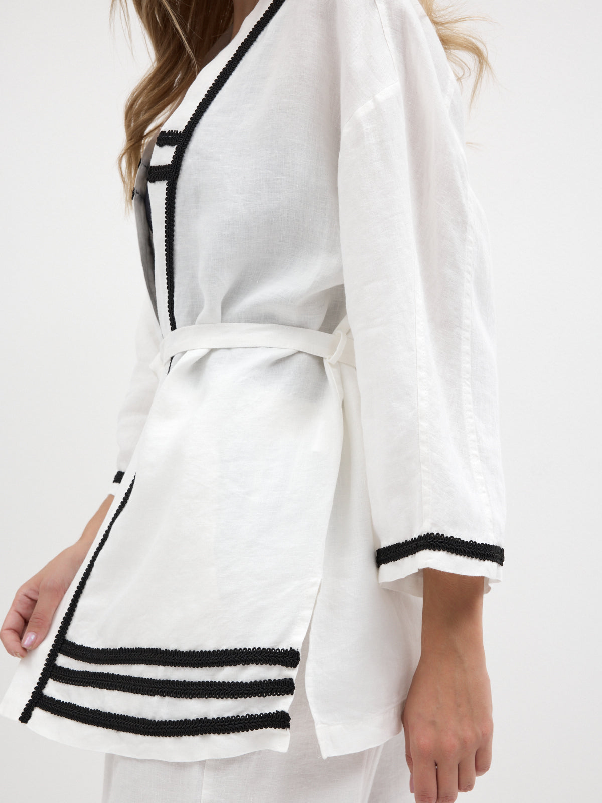 100% Washed Linen White Kimono & Trouser Set