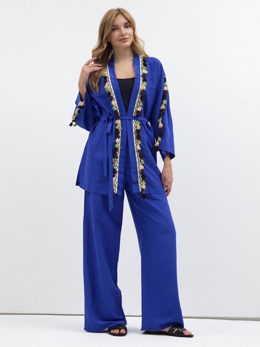 Tassel Kimono & Trouser Set Blue