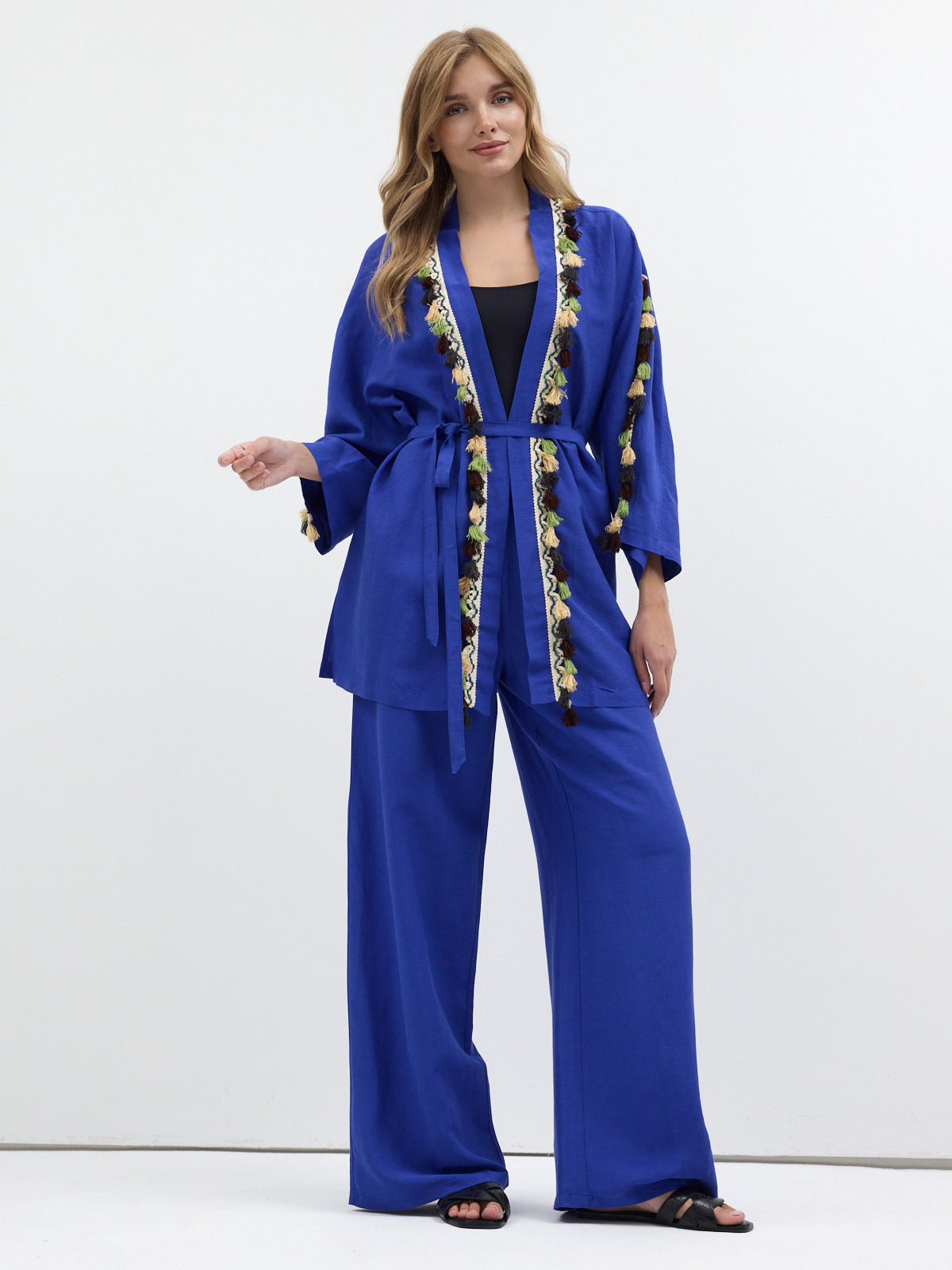 Tassel Kimono & Trouser Set Blue