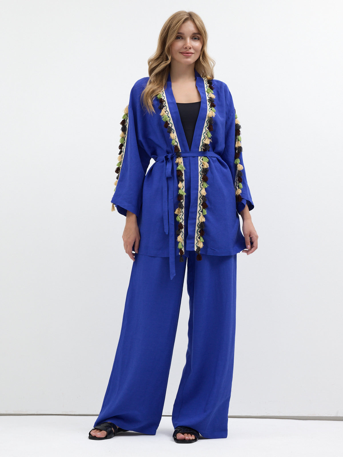 Tassel Kimono & Trouser Set Blue