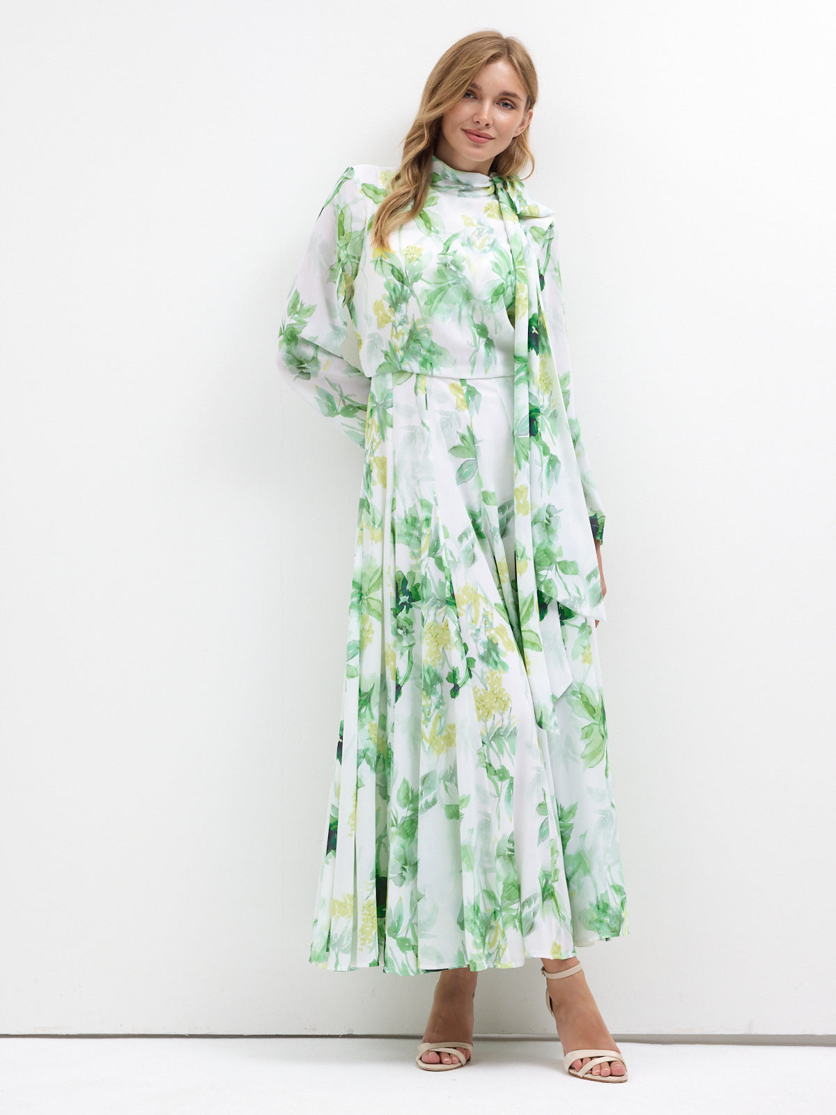 Green Watercolor Bloom Chiffon Maxi Dress