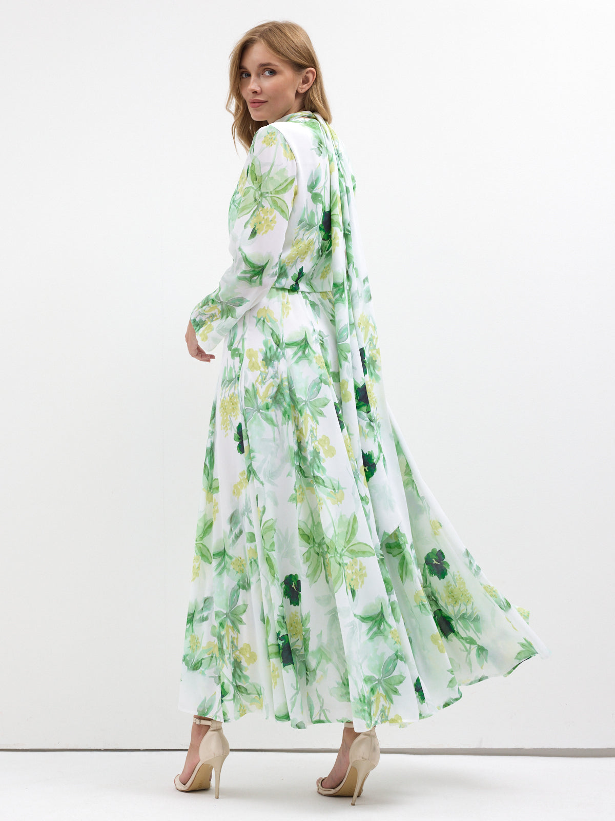 Green Watercolor Bloom Chiffon Maxi Dress