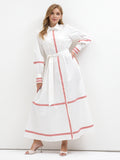 White Cotton Maxi Dress with Pink Grosgrain Trim