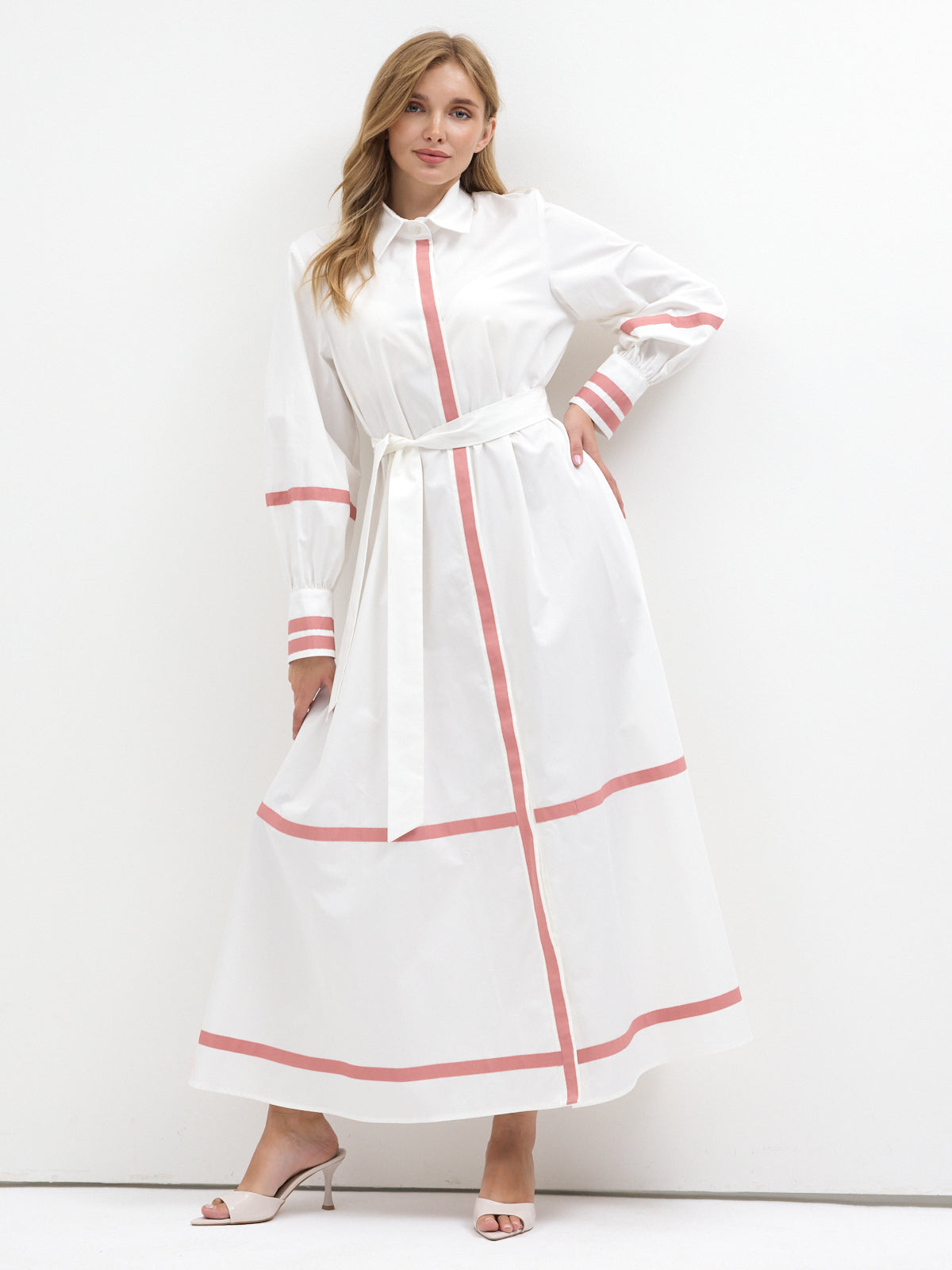 White Cotton Maxi Dress with Pink Grosgrain Trim